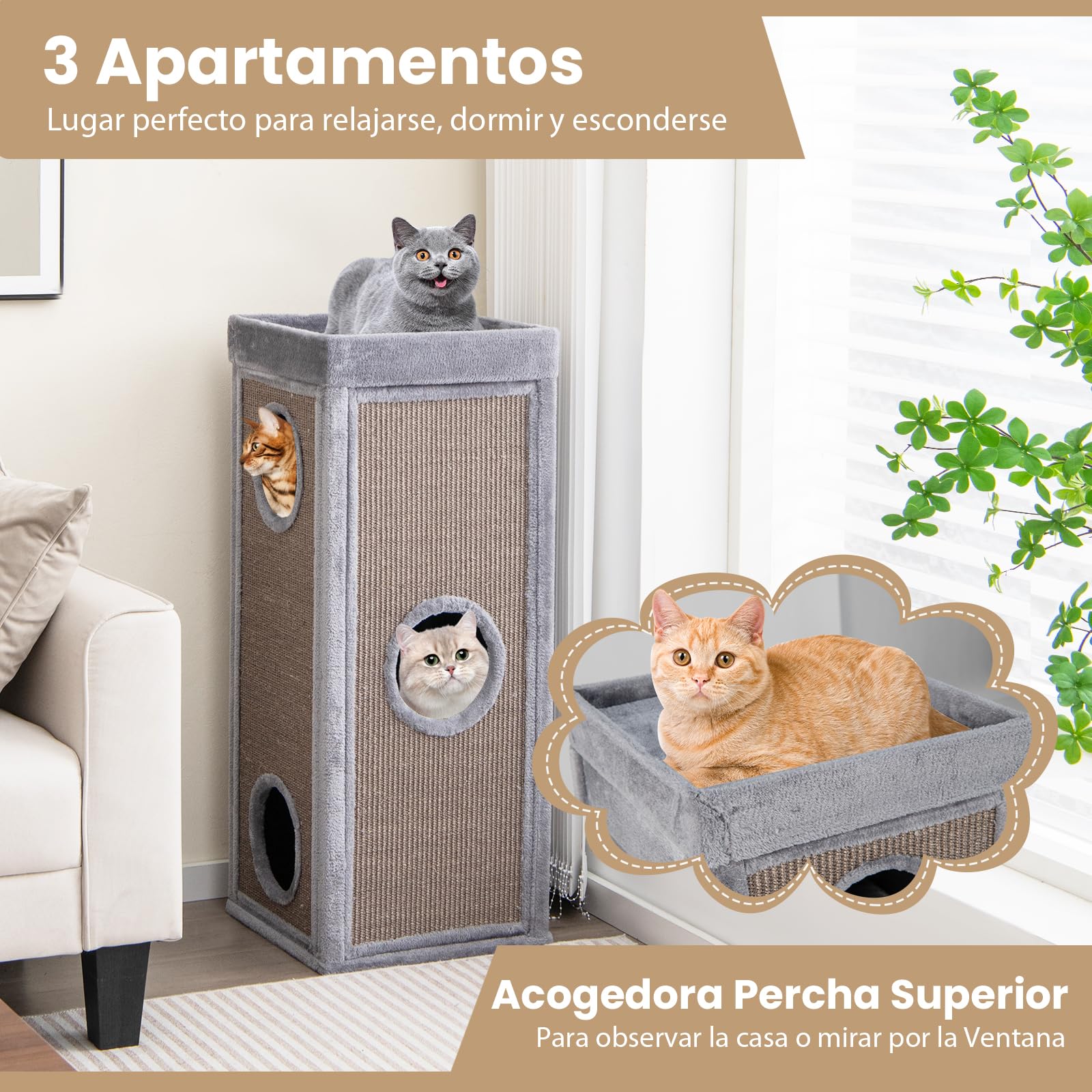 GYMAX Condo para Gatos de 4 Pisos, Torre de Actividades para Gatos, Árbol Rascador con Plataformas, Juguete Interactivo con 3 Cuevas, Almohadillas Suaves Extraíbles en Forma de Barril