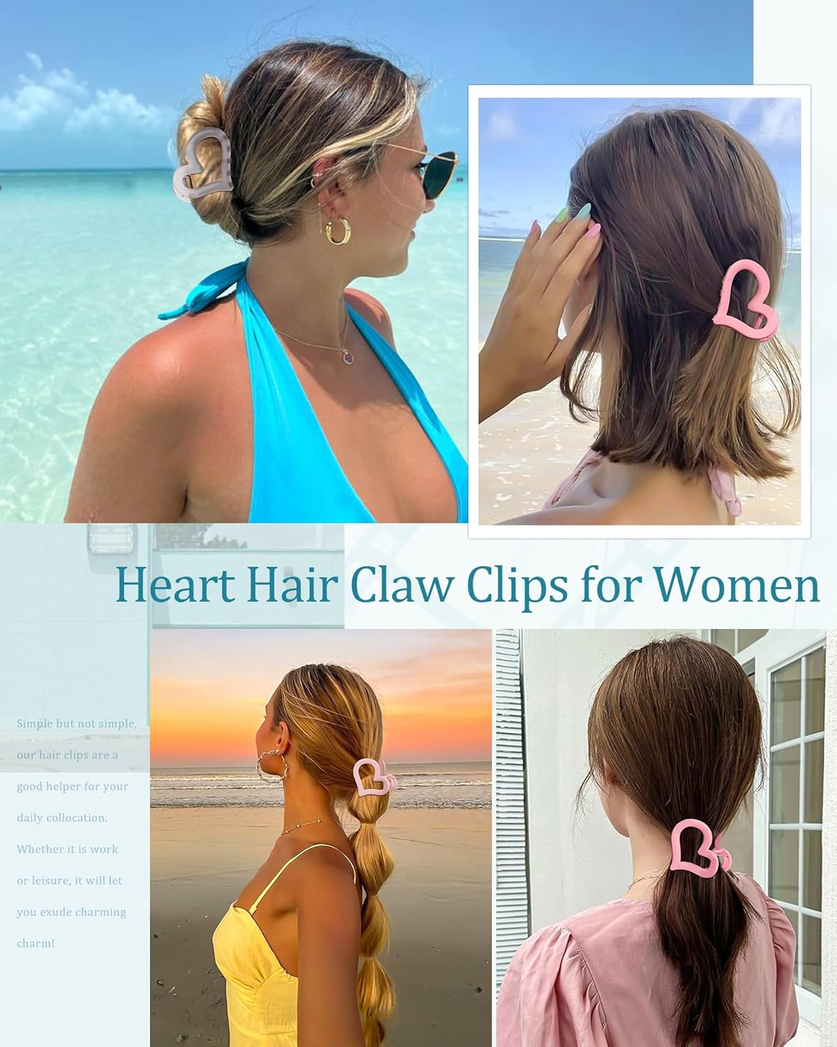 6 Pcs Heart Nonslip Hair Jaw Clips - Cute Hair Styling Accessories for Women's Thin or Thick Hair (Pink) - Image 2