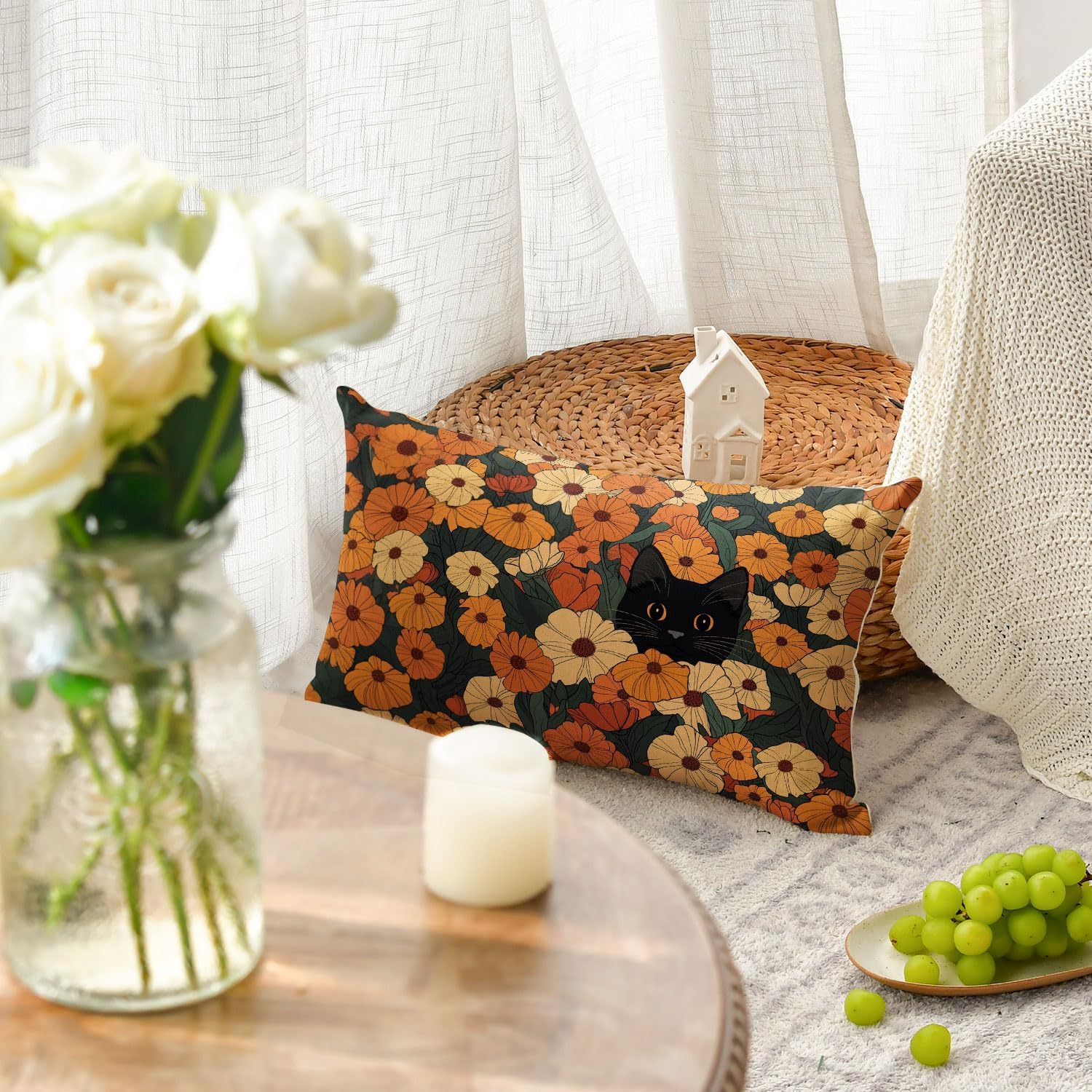 AVOIN colorlife Spring Floral Black Cat Throw Pillow Cover, 12 x 20 Inch Autumn Flower Cushion Case Decoration for Sofa Couch - Image 5