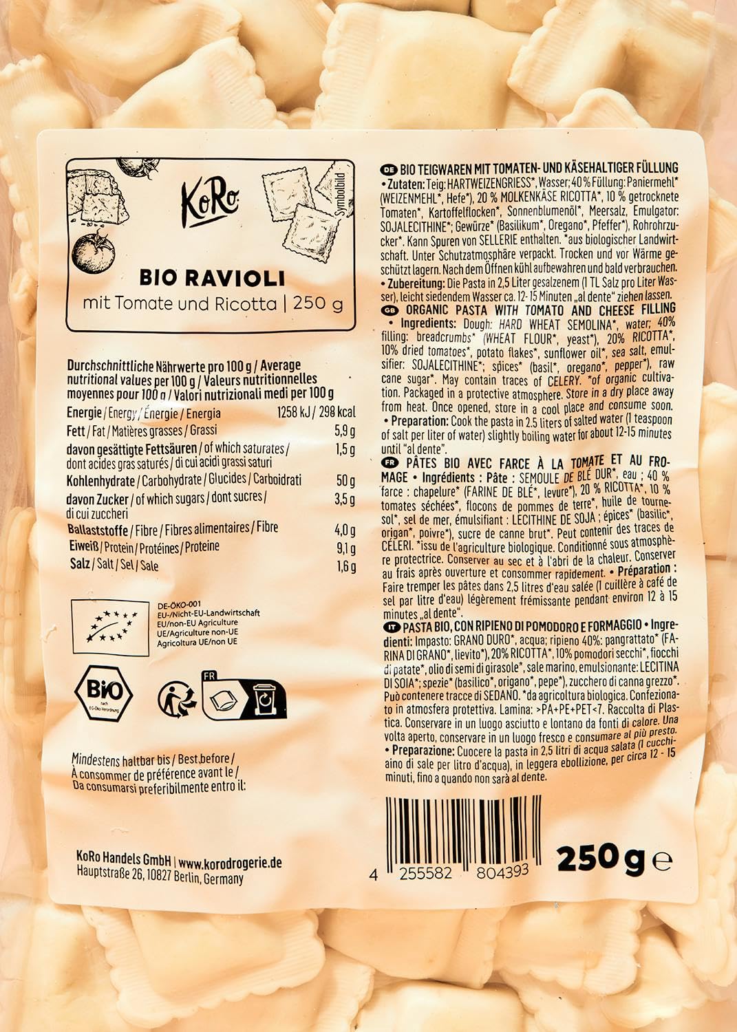 KoRo - Ravioli con pomodoro e ricotta bio 12 x 250 g - Pasta con ripieno mediterraneo - Vegetariana - Veloce da preparare - Si conserva fuori dal frigo