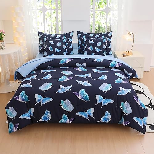 Miniatura 7 de Juego de ropa de cama de tamaño matrimonial para niñas, juegos de ropa de cama de galaxia con purpurina de 6 piezas en una bolsa, tamaño