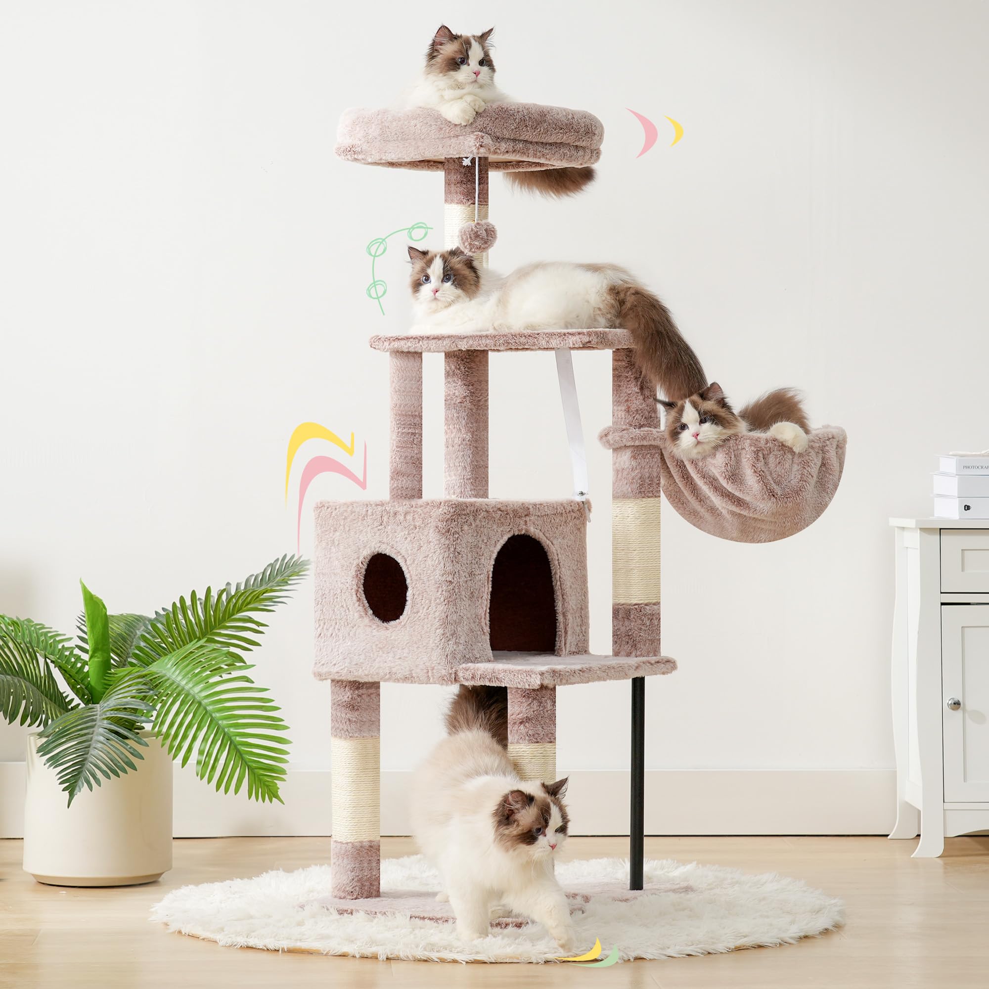 Heybly Arbre À Chat, 125 Cm Petit Arbre avec Niche, Plateforme Douce, Griffoir en Sisal, Panier Et Structure en Acier Robuste, Marron Beige HCT200SMU