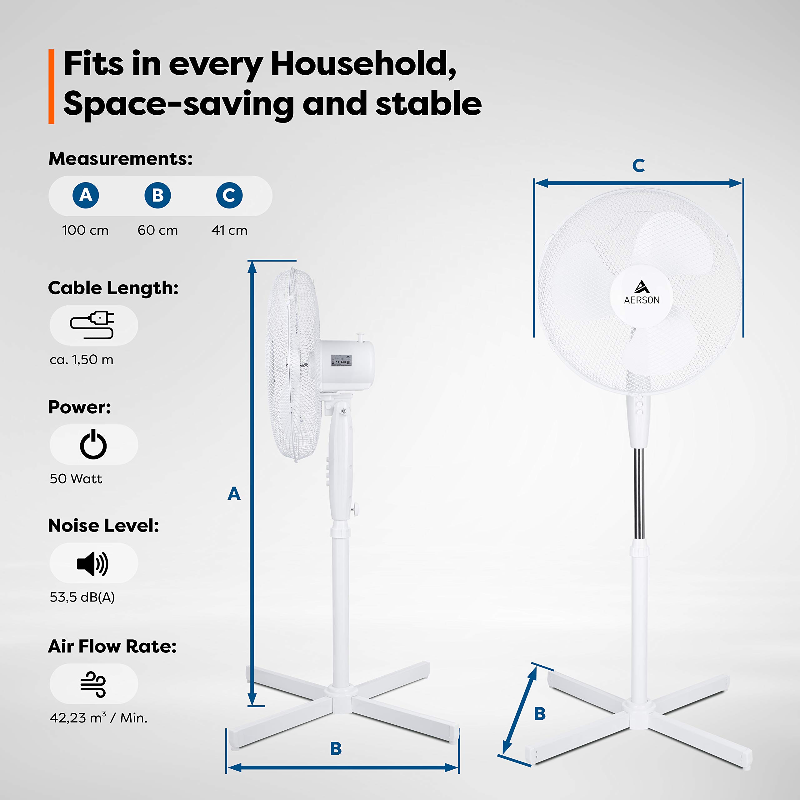 TRESKO AERSON Standventilator 40cm | Ventilator höhenverstellbar bis 120cm
