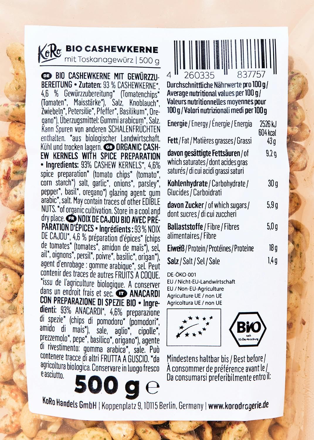 KoRo - Noix de cajou aux épices de Toscane bio 500 g