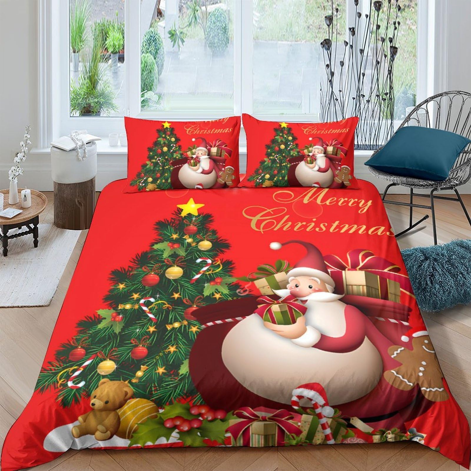 Ctjqhvkz Style-2 3D Printed Christmas Tree Fitted Sheet Microfiber Red Santa Claus Bed Cover For Bedroom Guest Room Easy Care Single（135X200cm）
