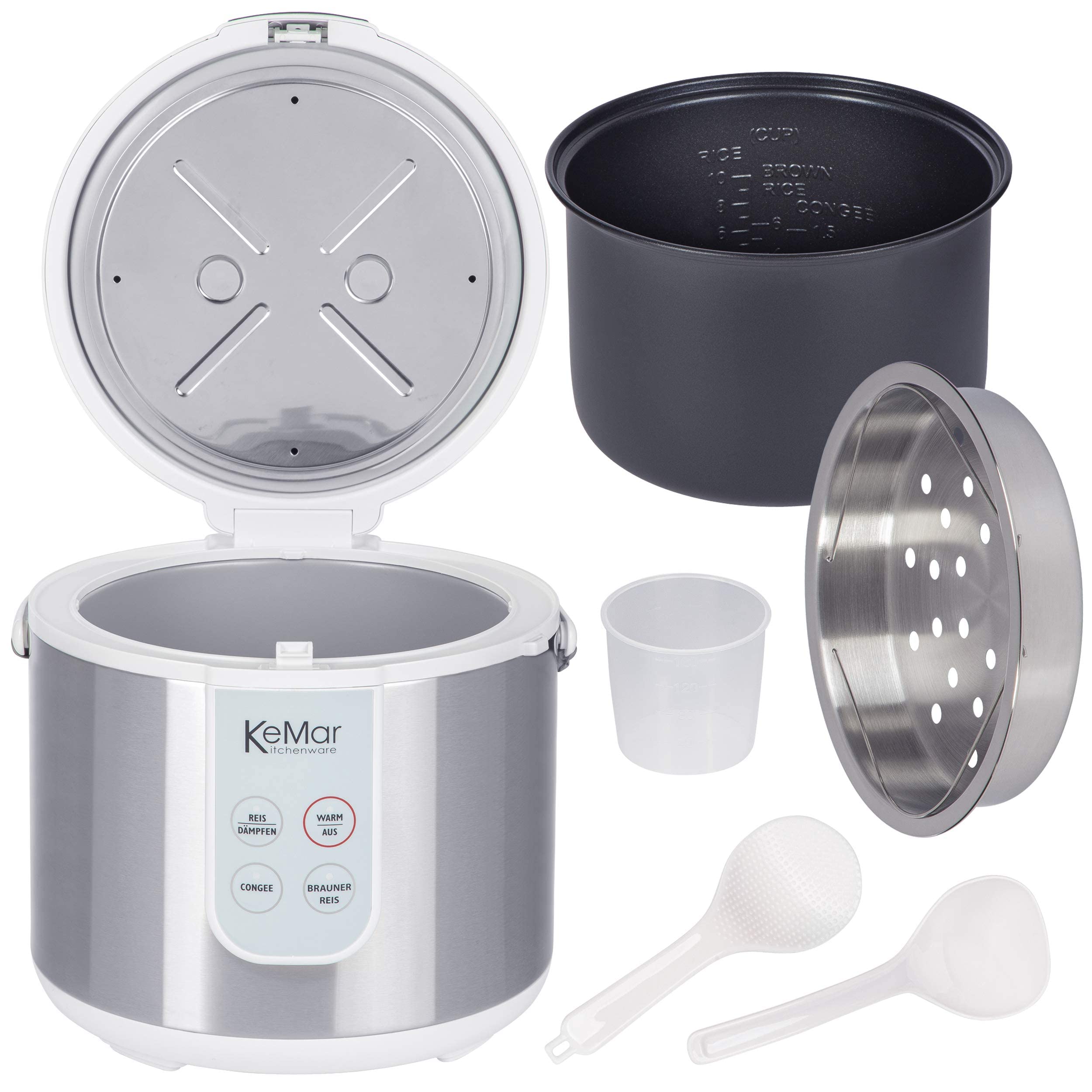 KeMar Reiskocher +GRATIS Essstäbchen (700W, 1,8l, Edelstahl) Brauner Reis, Naturreis - Keramik Beschichtung - Edelstahl Dämpfer, dampfgaren Gemüse und Fisch, Warmhaltefunktion, 4 Programme, KRC-130