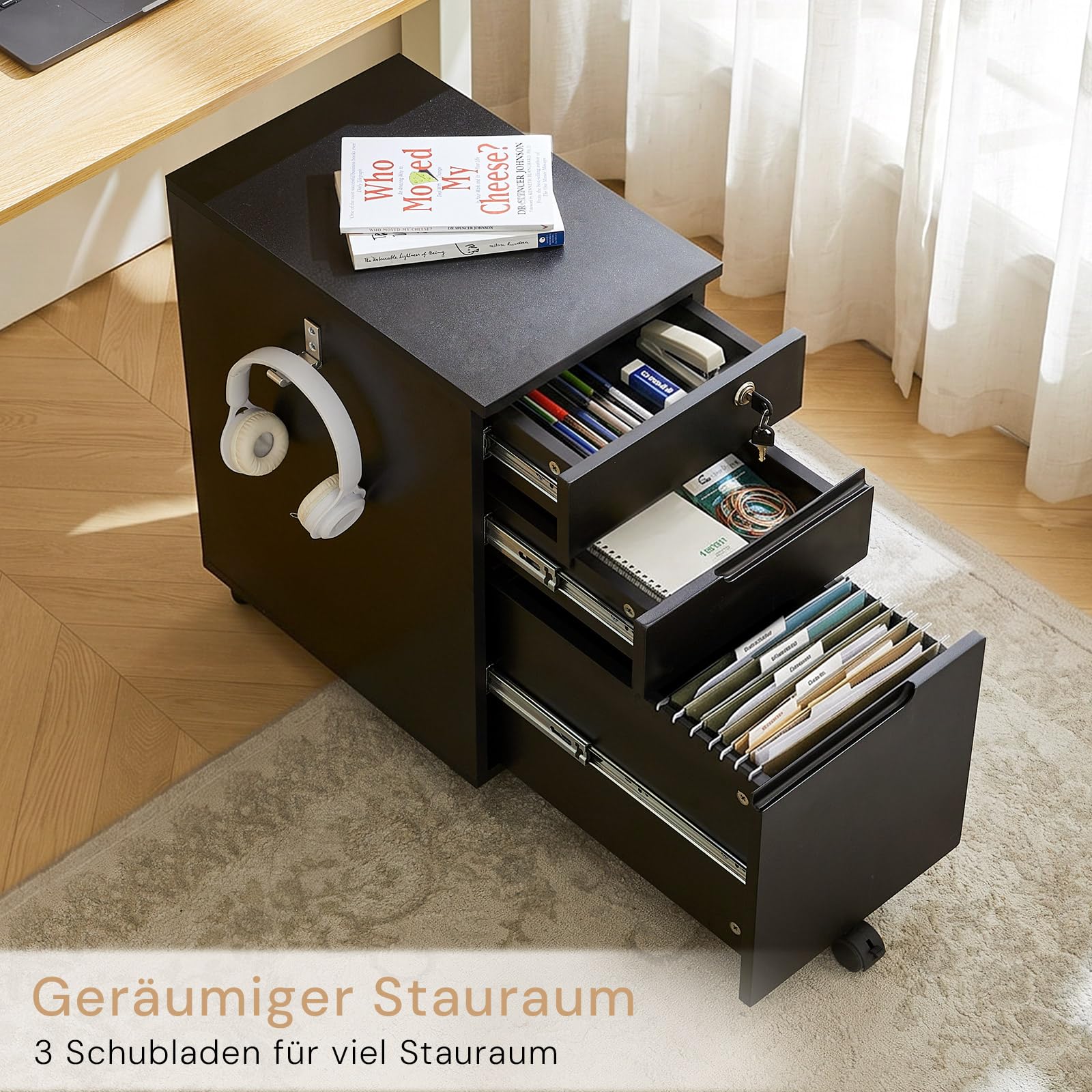 CLIPOP Abschließbarer Rollcontainer, mobiler Aktenschrank mit 5 Rollen & 3 Schubladen, für A4/Letter Hängeregistratur, Schreibtisch unterschrank, Schubladen-Büroschrank für Büro & Homeoffice, Schwarz