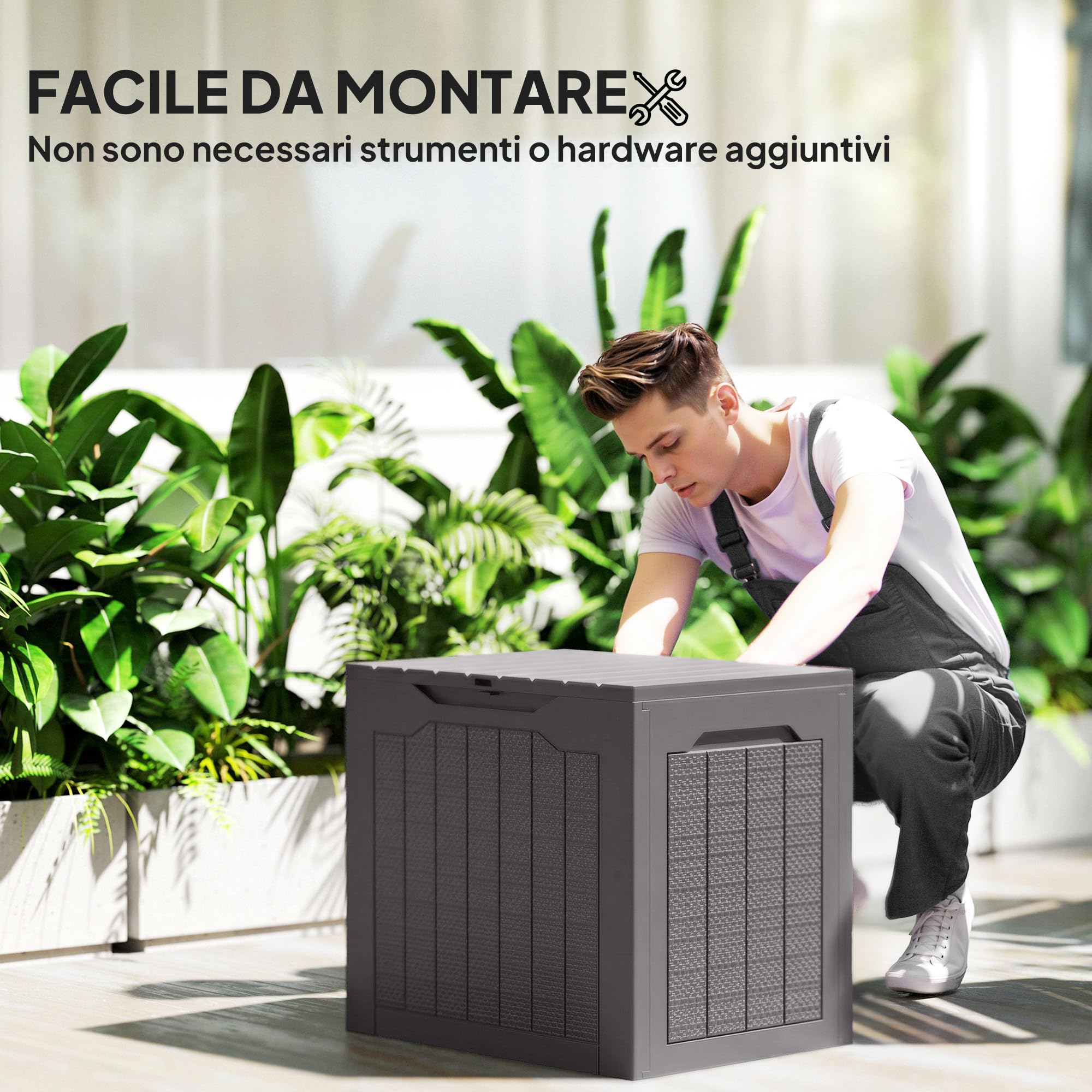 Outsunny Baule da Esterno da 97L Maniglie Integrate 56x41x50 cm Marron | Baule da Giardino, Maniglie Integrate, Gancio per Lucchetto, Contenitore da Esterno, Patio, Piscina