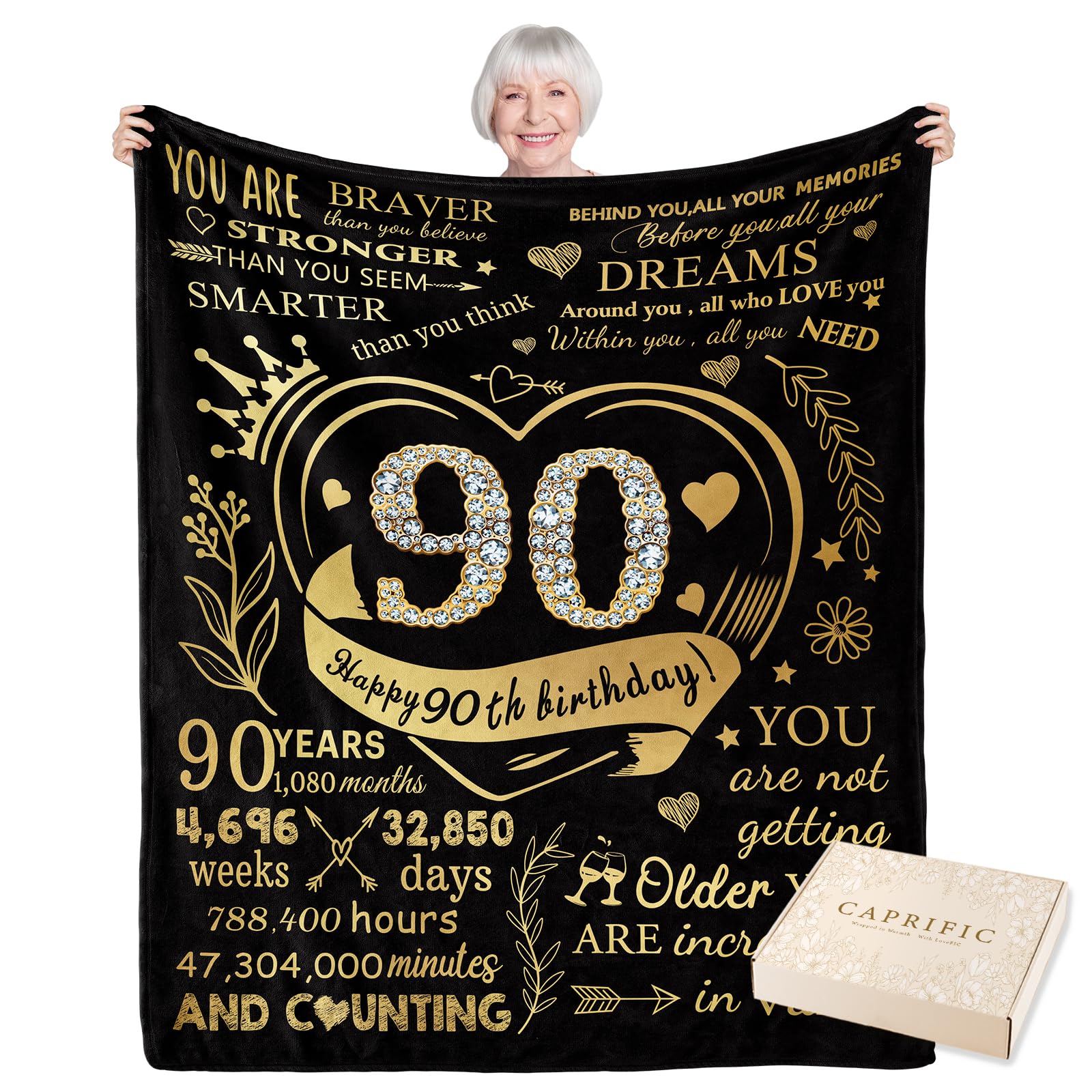 CAPRIFIC 90th Birthday Gifts for Women, Thoughtful 90th Birthday Presents for Mum Grandma, Unique 90th Birthday Gift for Her, 90th Birthday Decorations, Cozy Flannel Blanket 150x130cm(Gold) — image 1