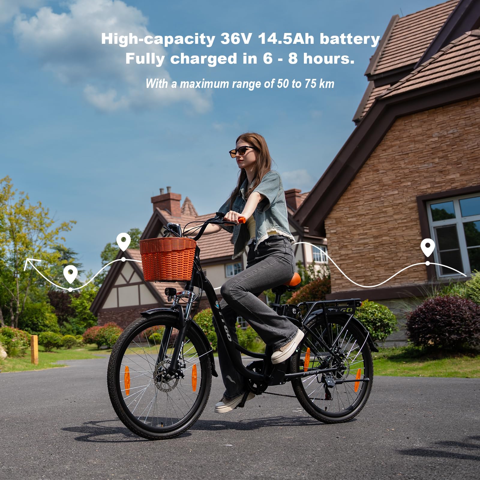 ttgo C2 26 Zoll E-Bike mit Korb, City E-Bike Damen Herren mit 250W Motor 36V 14,5Ah Abnehmbarem Akku, 25 km/h 6-Gang Schaltung, bis zu 100 km Reichweite, Elektrofahrrad für Erwachsene