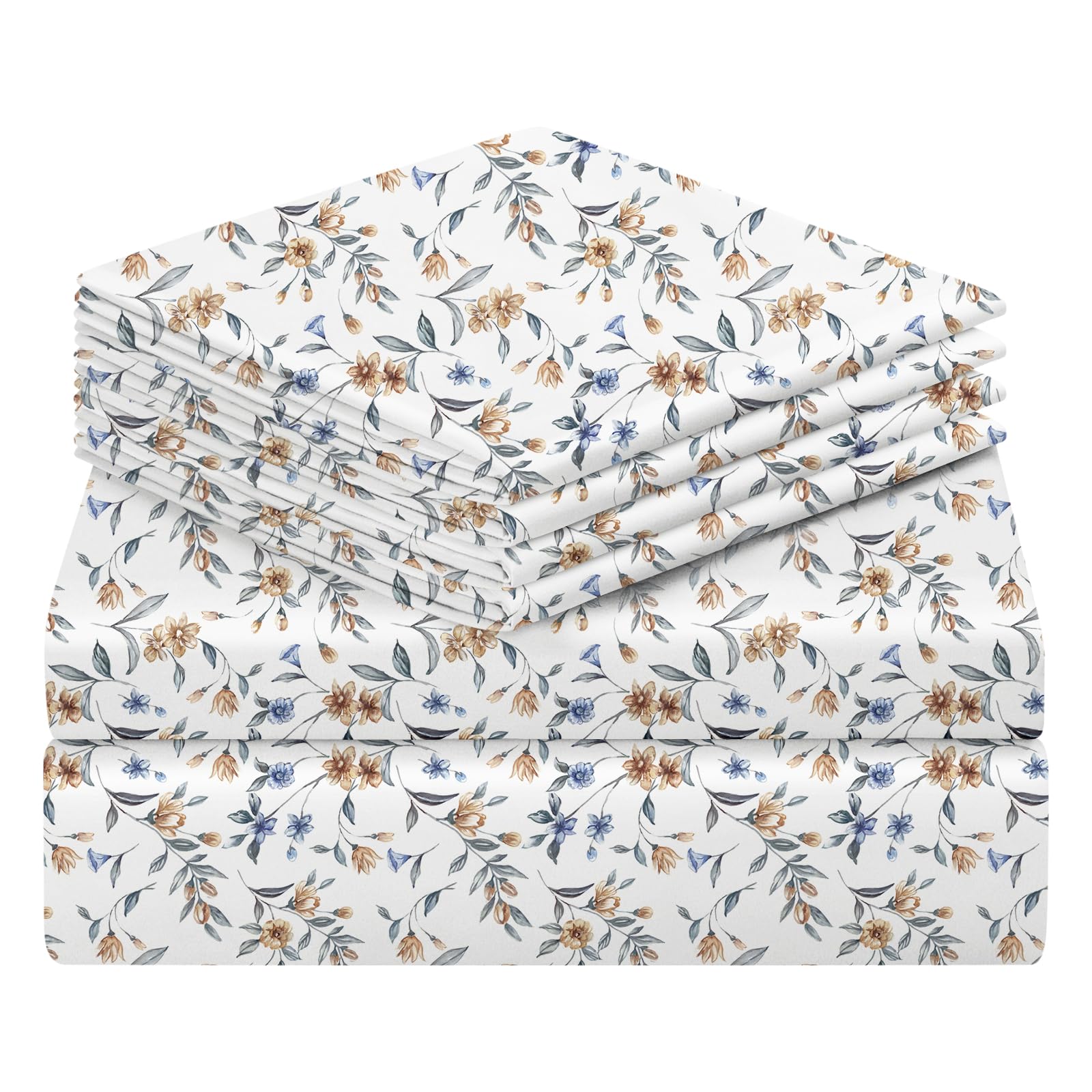 BYSUREPastel Floral Printed Sheets Set 6 Pieces (King Size, Gold and Blue), 15 inch Deep Pocket Cottage Core Botanical Pattern Sheets, Wrinkle & Fade Resistant Microfiber Bedding
