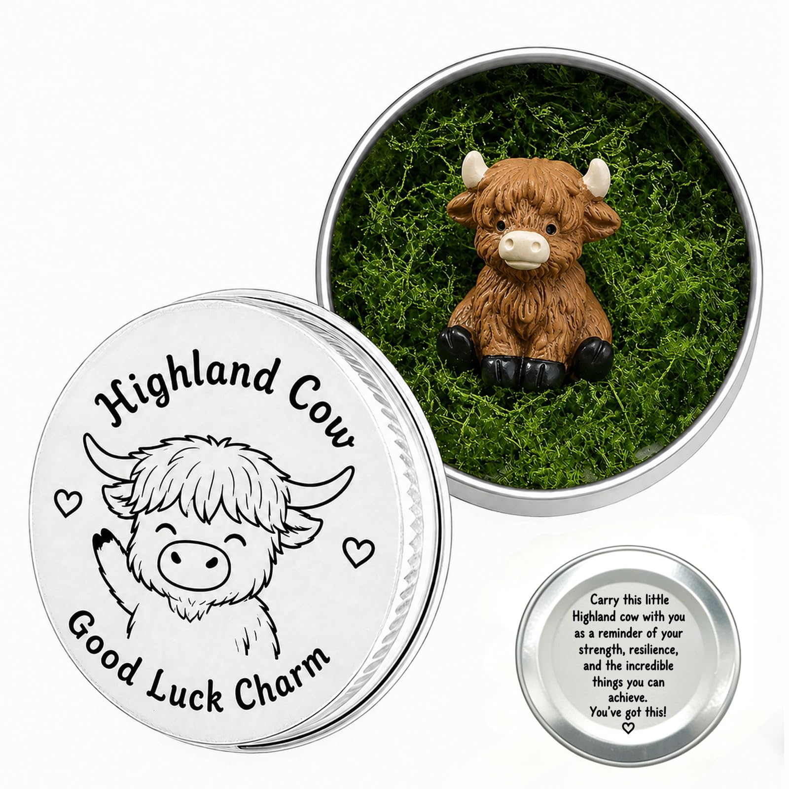 Mini Funny Awesome Highland Cow Good Luck Charm, Positive Resin Miniature in Keepsake Tin – Pocket Emotional Support Highland Cow, Desk Decor & Cheer Up Good Luck Gifts for Women, Coworker, Christmas