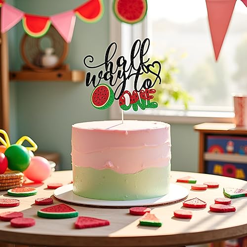Miniatura 8 de Sleyberoy Decoración de pastel de Half Way to One, letrero de sandía feliz 6 meses, 12 camino a una fiesta, baby shower temático de frutas,