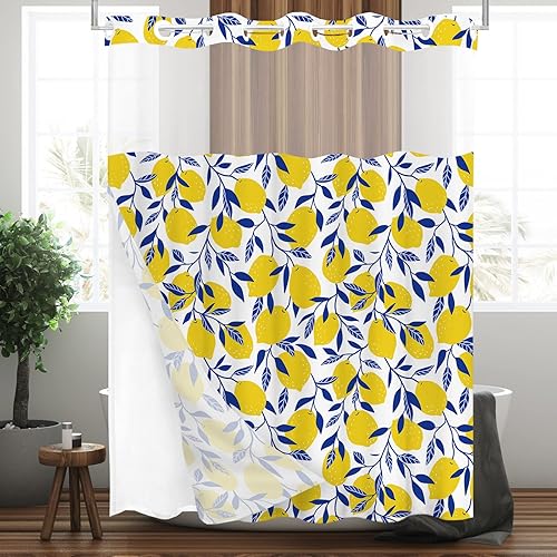 Miniatura 8 de Tititex Juego de cortinas de ducha con forro botánico tropical sin ganchos, diseño de hojas de palmera tropical, doble capa, tela impermeable y