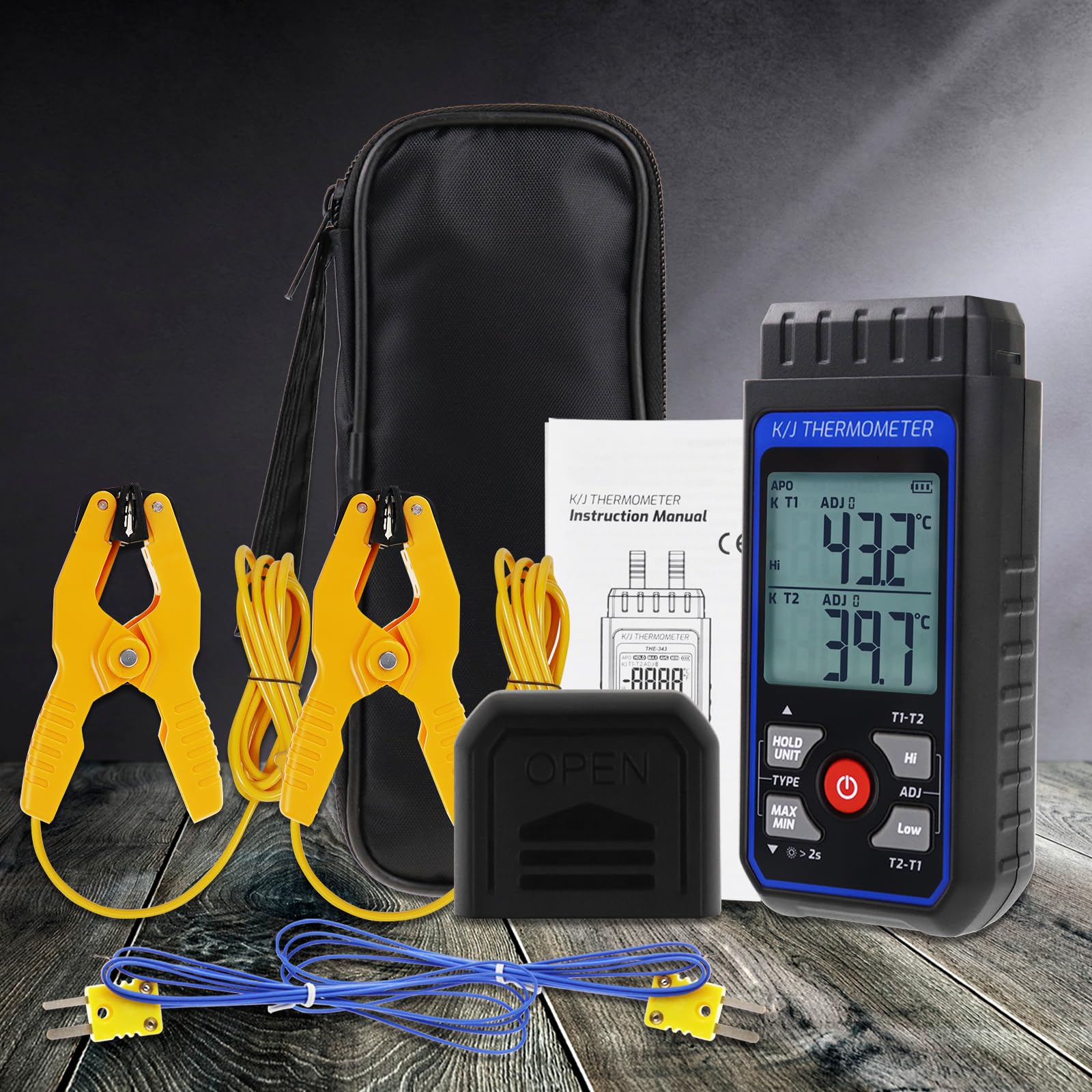 Thermomètre thermocouple numérique à double canal de type K/J avec sondes thermocouple de type 2 K et 2 pinces de température, plage de -328 ~ 1 500 °C, compteur de température HVAC industriel avec