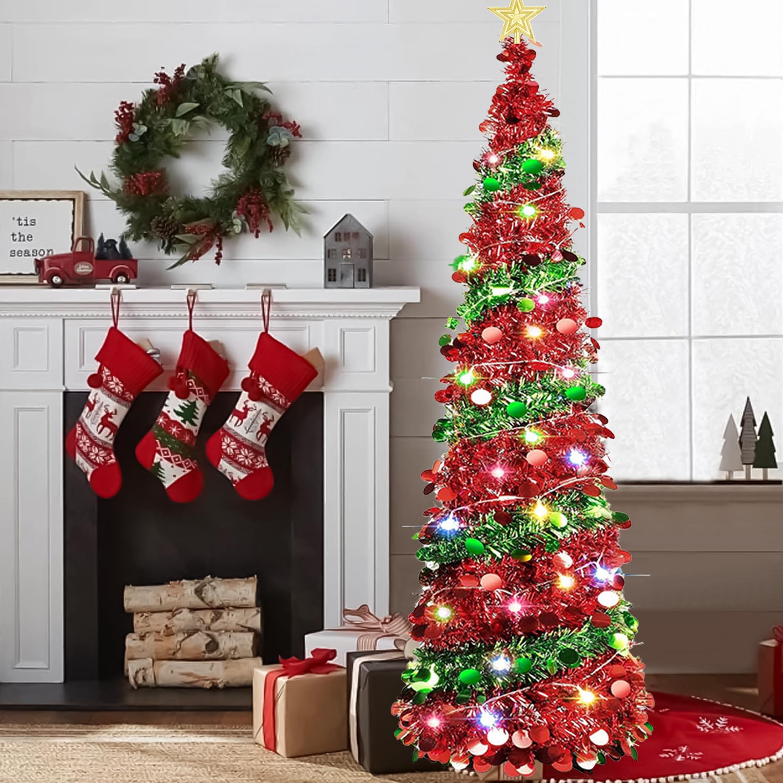 Árbol de Navidad con Luces, 152 cm Arbol de Navidad Plegable Arvore de Natal con Luz Arbols de Navidads Artificial con Soporte, Estrella Superior y 5 m de Luces de Hadas, Decoración Navideña (02)