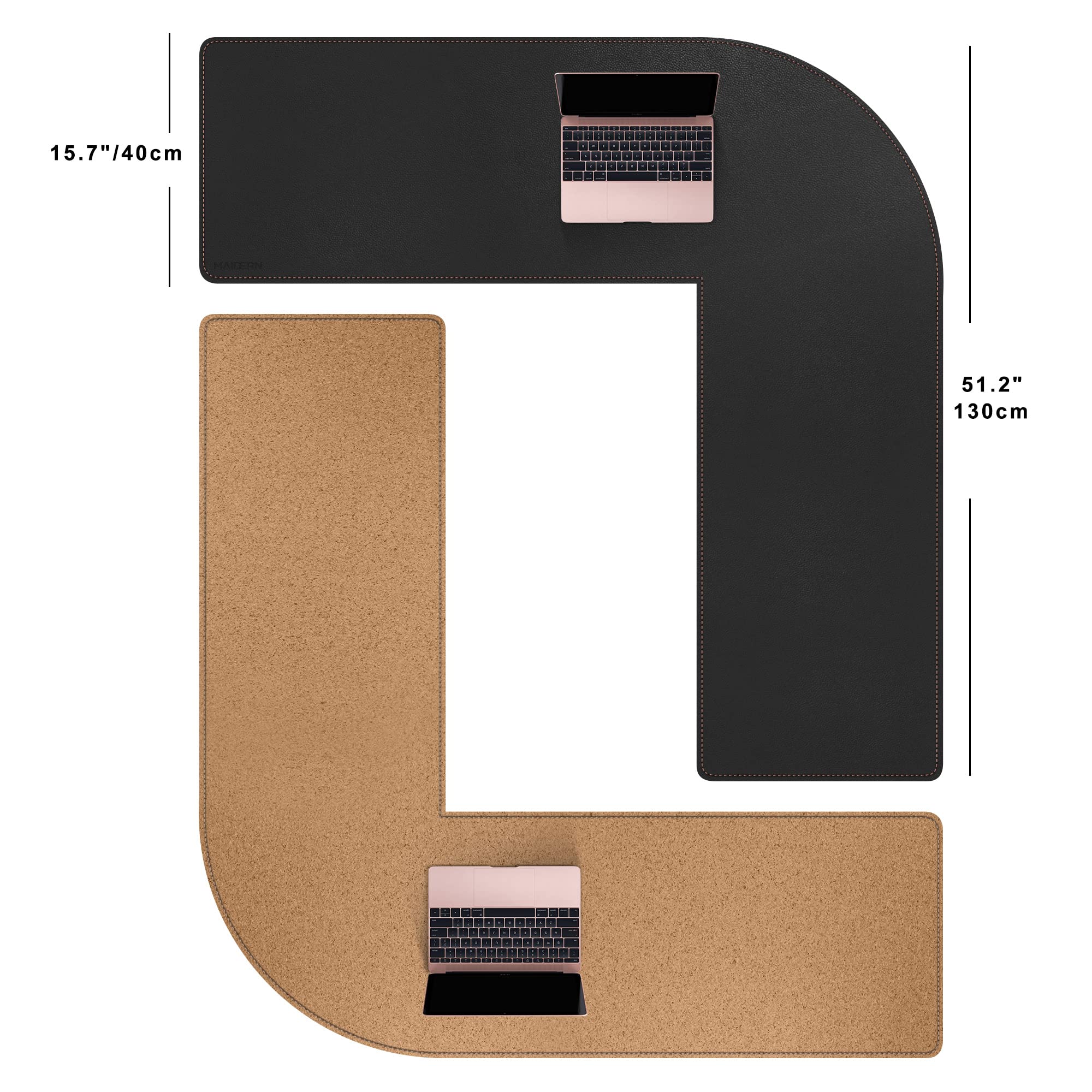 MAIDERN Tapis de bureau en cuir et liège forme de L,130x130x40cm Tapis de souris double face,Extra large Tapis de bureau en cuir PU imperméable, Sous main bureau pour le bureau et la maison (Noir)