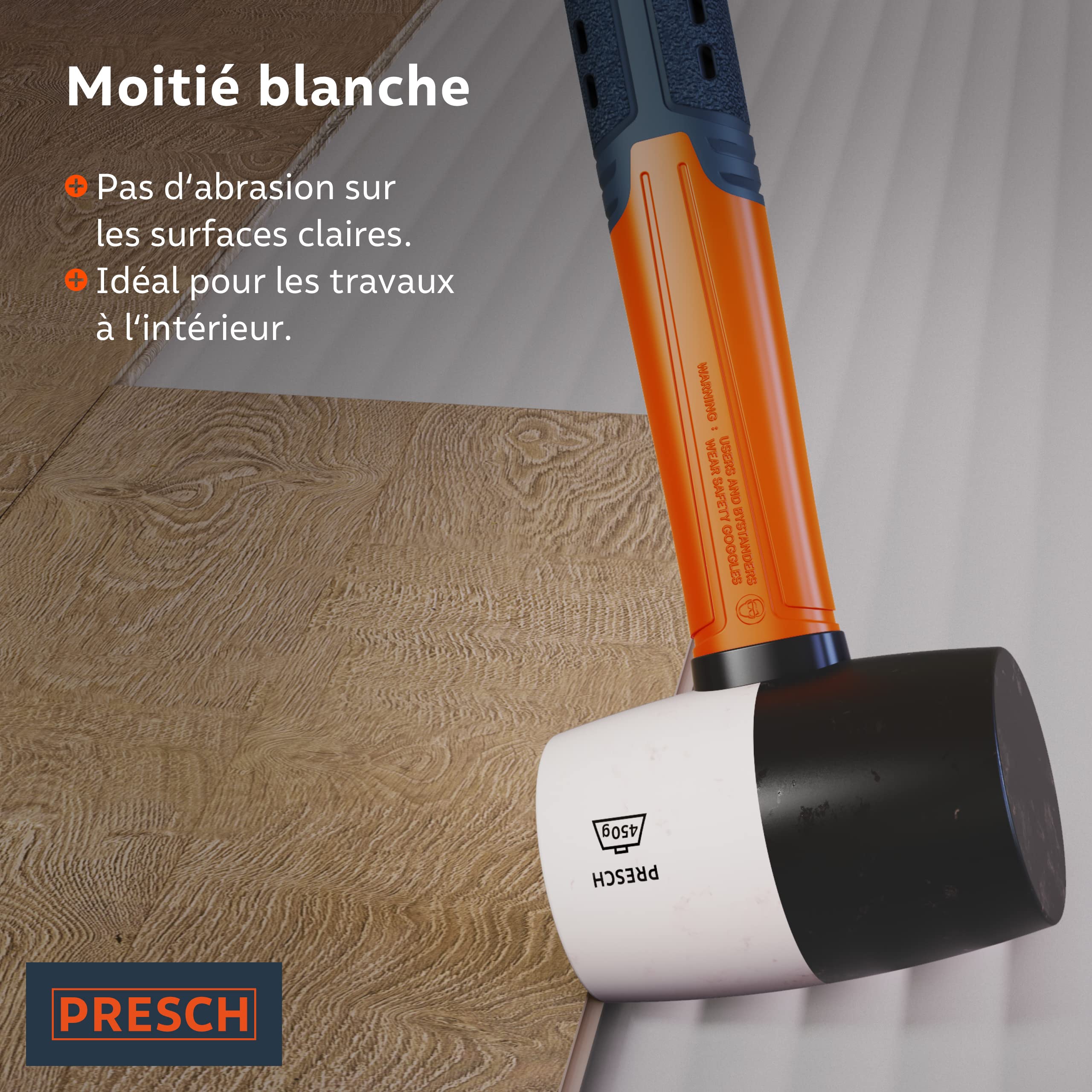 Presch Maillet caoutchouc noir/blanc 450g - Maillet caoutchouc avec manche en fibre de verre | ⌀=55mm - Marteau polyvalent à deux faces