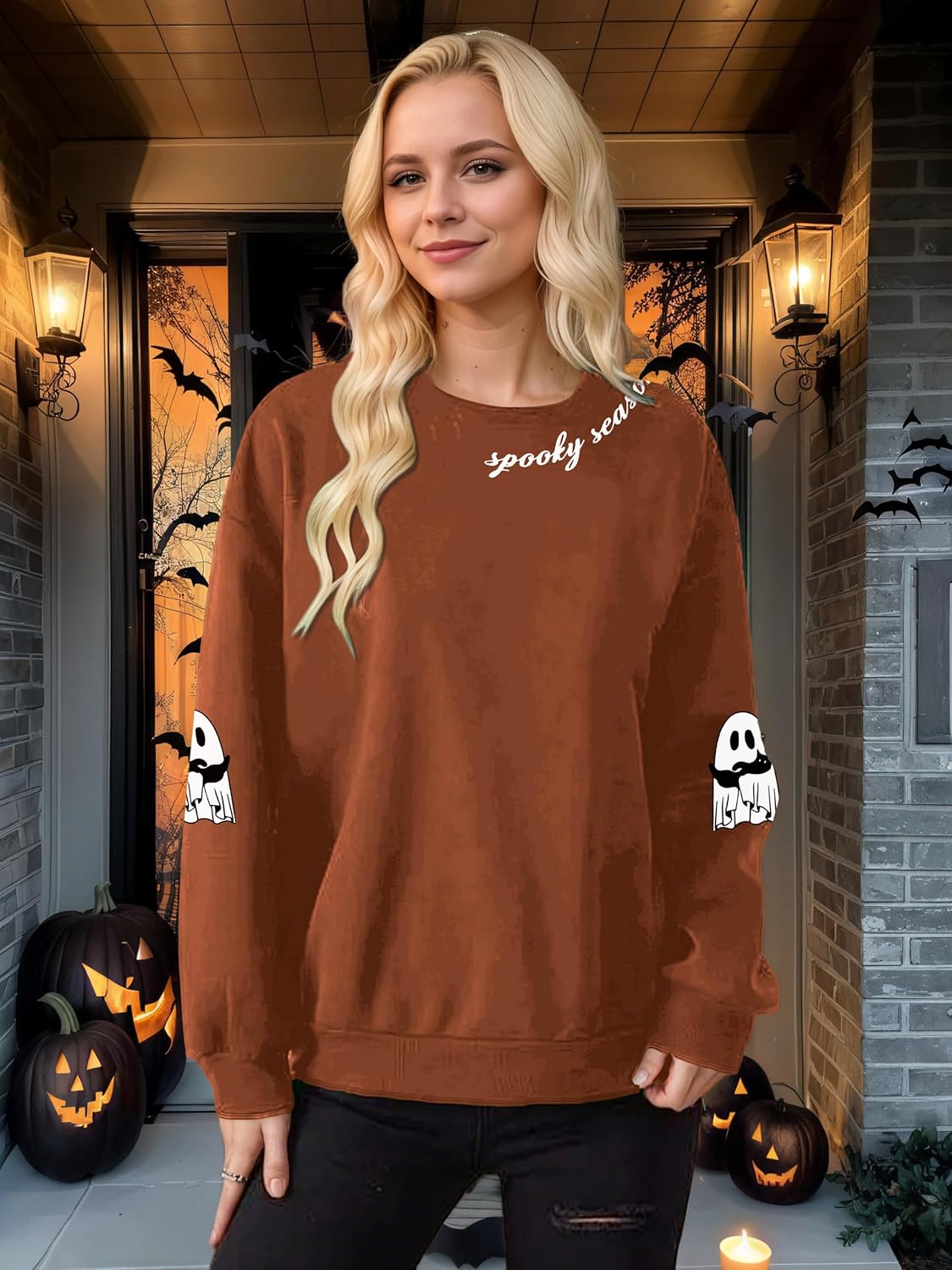Halloween Sweatshirt for Women Halloween Ghost Long Sleeve Sweatshirts Spooky Season Fall Crewneck Pullover Tops - Image 2
