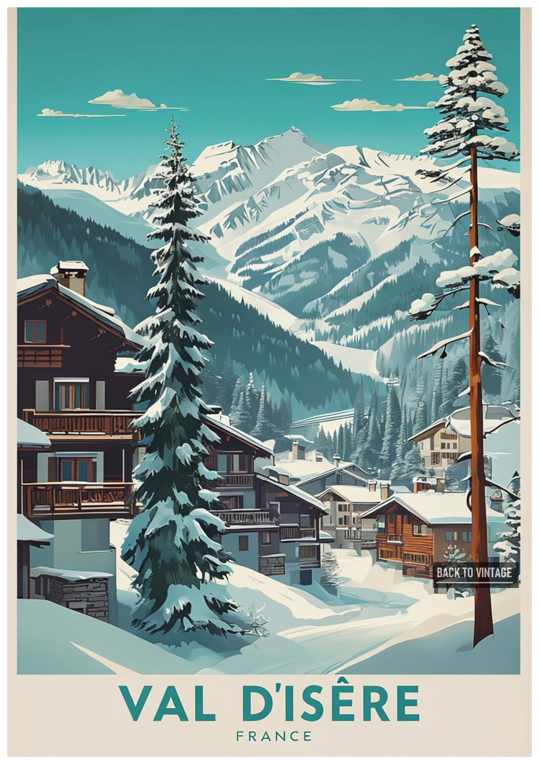 VAL D'ISÊRE - Vintage Ski Resort Poster A4 Size Retro Winter Sports Wall Art Alpine Mountains Snow Landscape Home Decor for Ski Lovers