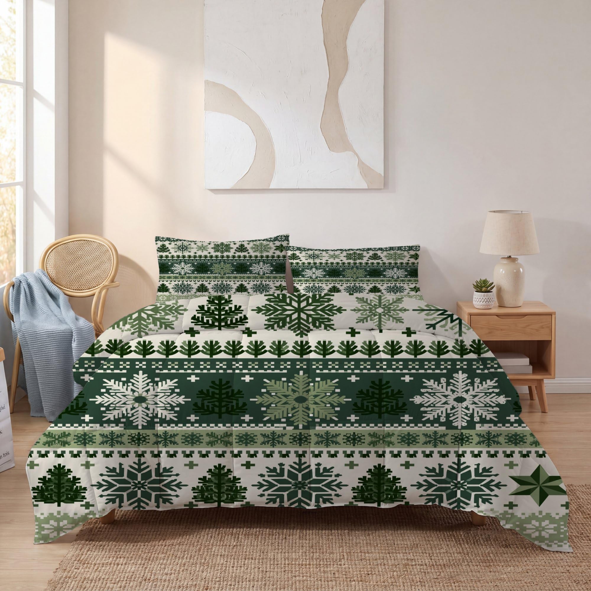 Tradycyjny świąteczny płatek śniegu, choinka, gwiazda, bez poszewki, king size (230 x 220 cm) 4,5 Tog, letnia kołdra z nadrukiem, dwustronny, lekki zestaw pościeli z 2 poszewkami na poduszki (50 x 75