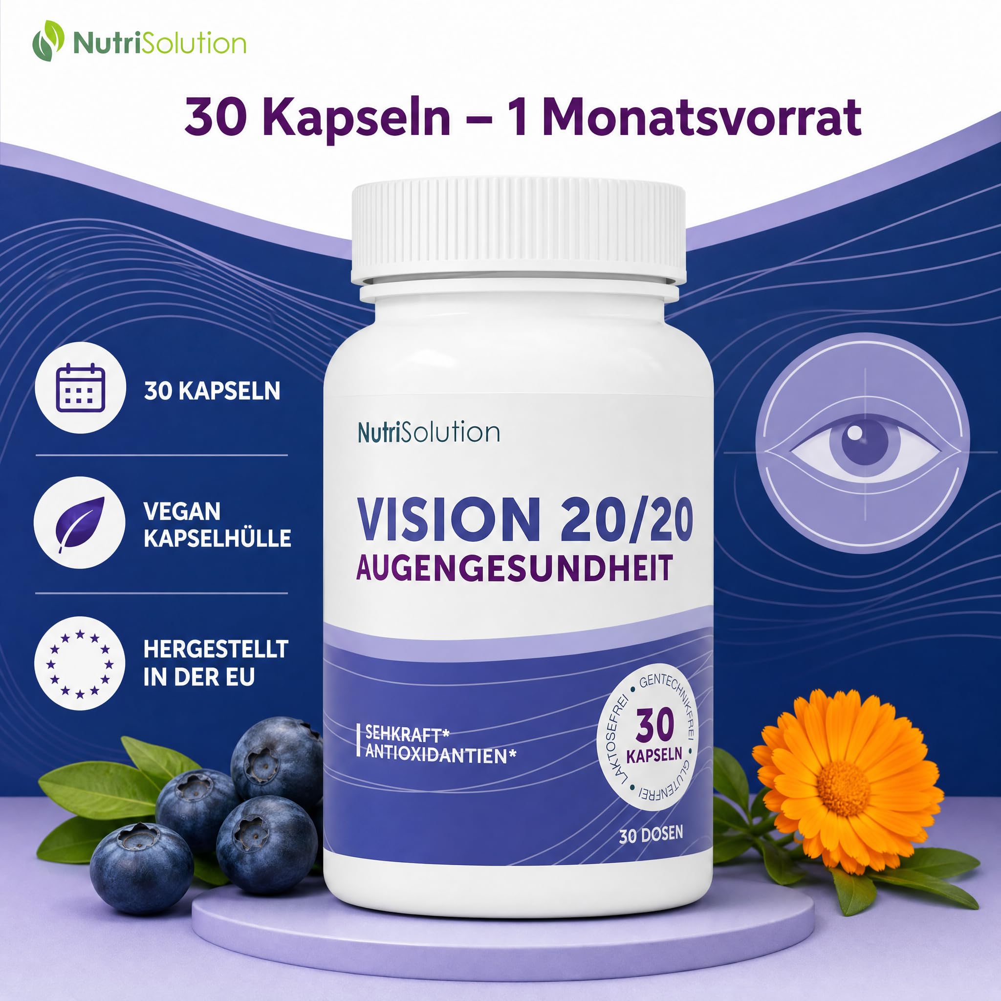 Vision 20/20: Natürliches Nahrungsergänzungsmittel für die Augengesundheit mit Heidelbeere, Lutein & Zeaxanthin – Sehschärfe & Augenermüdung – 30 vegane Kapseln (1)