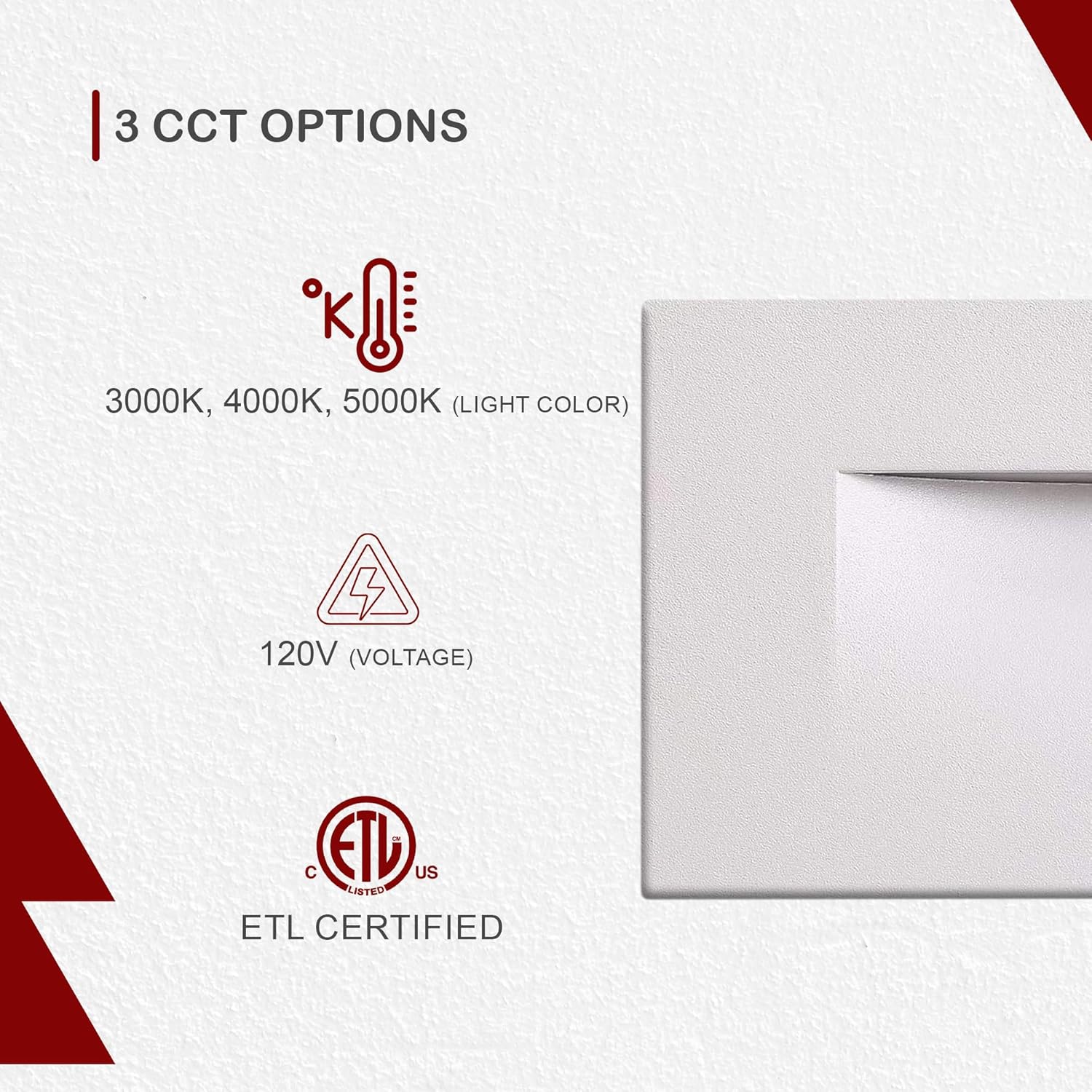 Ciata LED Stair Lights - 3 CCT Options (3000K/4000K/5000K) | 3 Watt Step Lights for Indoor and Outdoor Stairs | Ideal for Home Theater and Outdoor Stairway Lighting | White Finish, Horizontal
