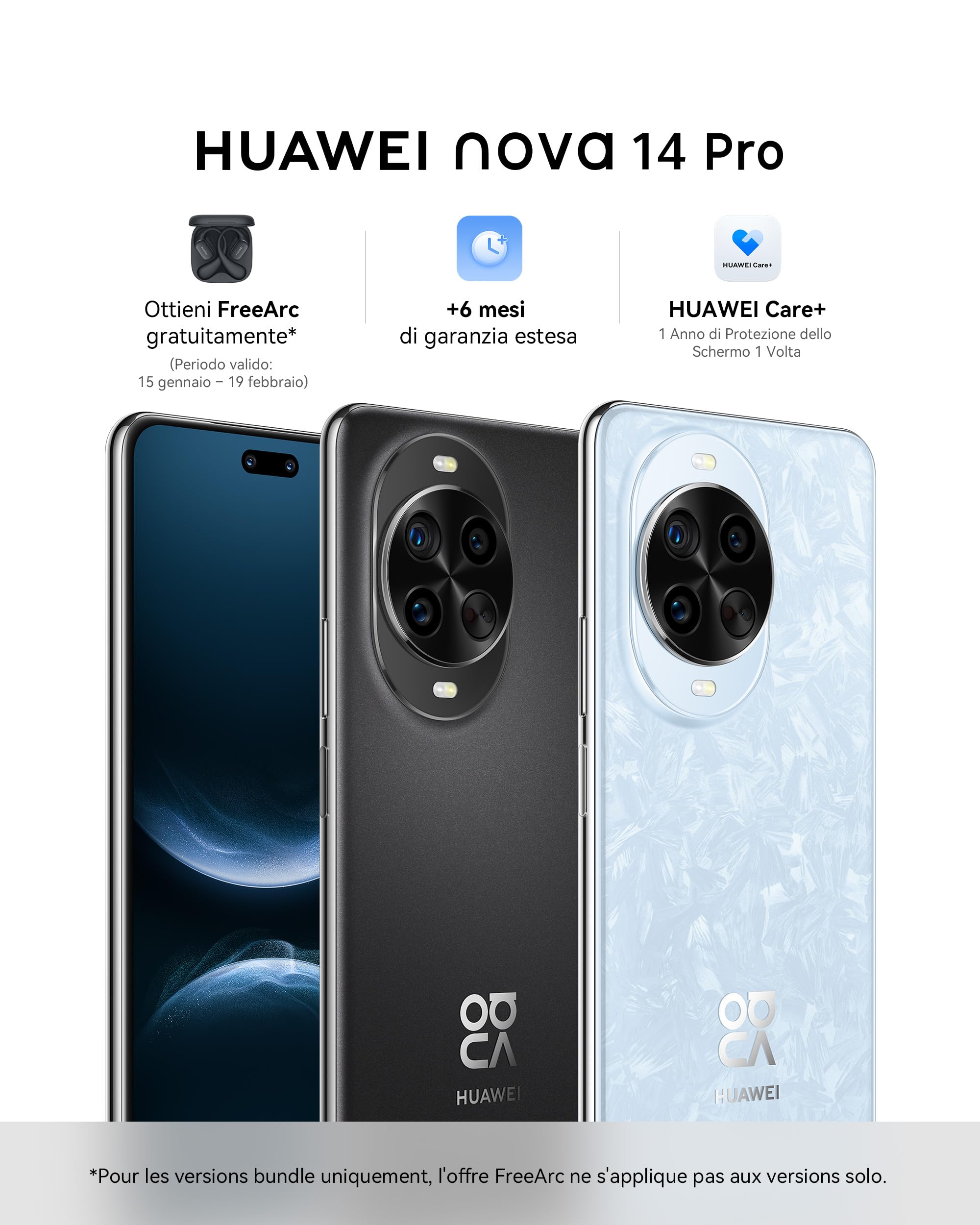 HUAWEI Nova 14 Pro Blu + FreeArc Nero, Fotocamera Ultra Chroma,Doppia Ultra Selfie Camera da 50 MP, AI Gesture Control, Ricarica SuperCharge da 100 W, Spettacolare Display Quad-curvo da 6.78"