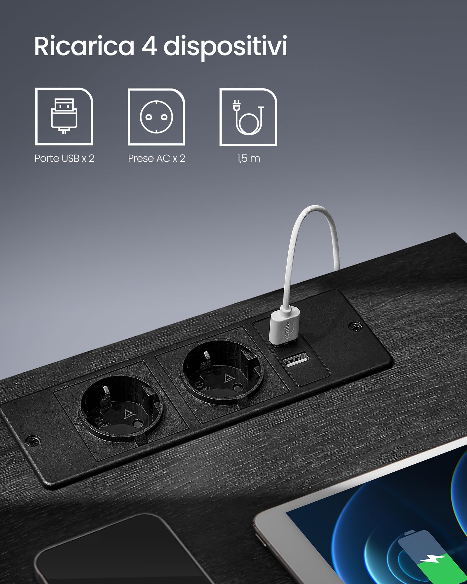 VASAGLE KAILYN Collezione - Comodino a LED con Stazione di Ricarica, Tavolino con Luci LED Regolabili, 2 Prese AC, 2 Porte USB, Moderno, per Camera da Letto Soggiorno, Nero Cenere LET618T22