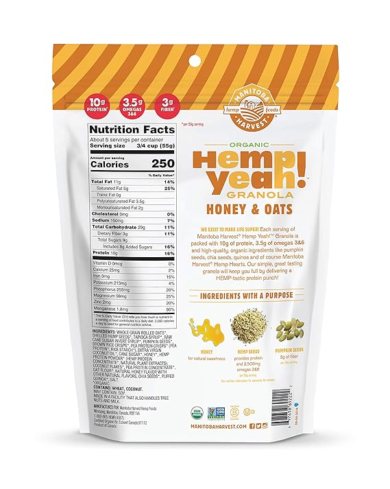 Amazon Com Manitoba Harvest Hemp Yeah Granola Honey Oats 10oz With 10 G Of Protein 3 5 G Omegas 3 G Of Fiber And Less Than 10 G Sugar Per Serving Organic Non Gmo