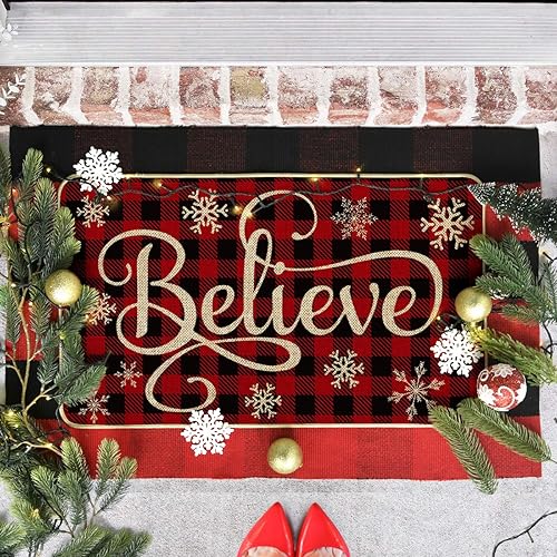 Miniatura 2 de Artoid Mode Buffalo Plaid Snowflake Believe - Felpudo decorativo de bajo perfil, para interiores y exteriores, 17 x 29 pulgadas