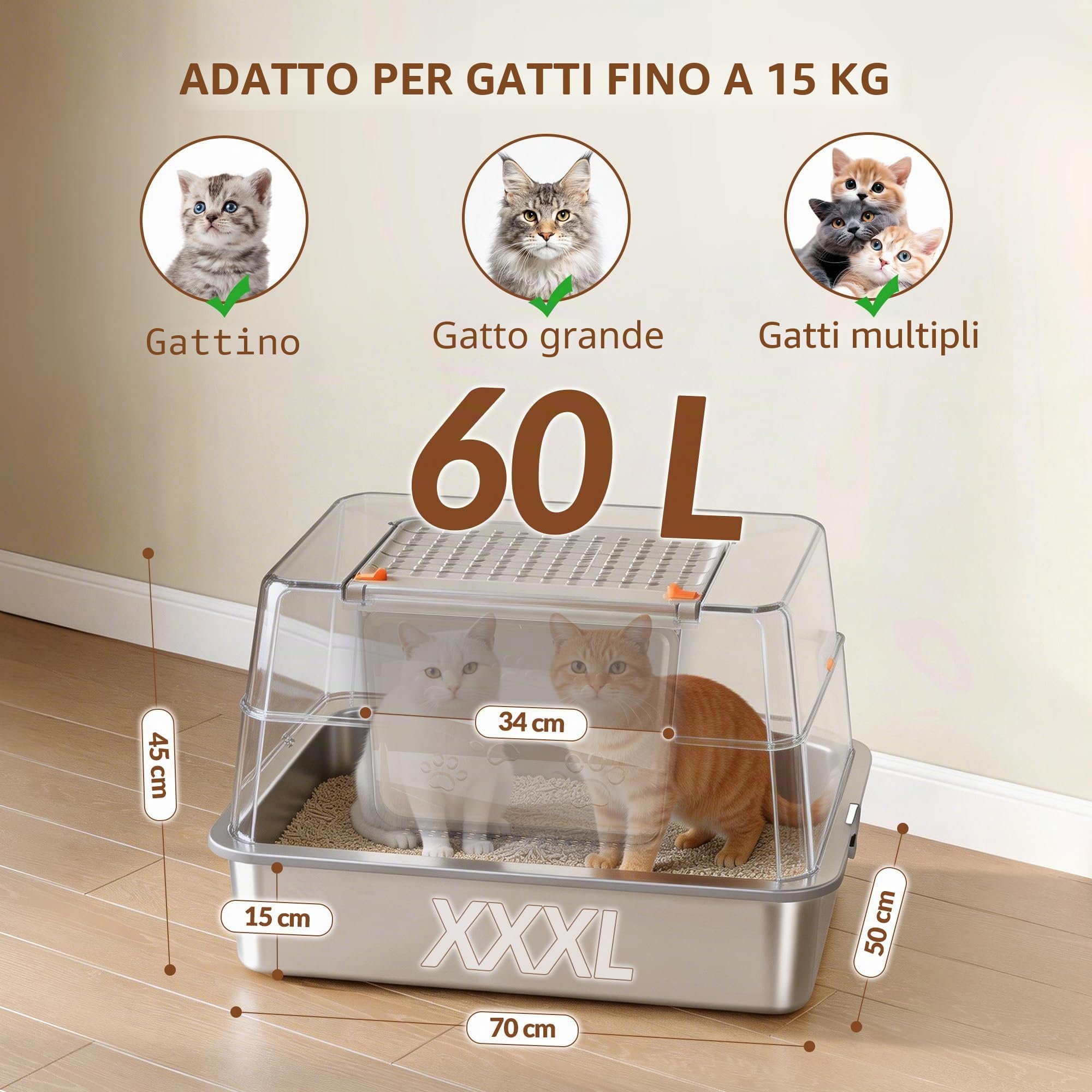 Lettiera Acciaio Inox Gatto con Coperchio, XXXL Lettiera Gatto Chiusa, 70 x 50 x 45 cm, 105° Coperchio Pieghevole, Include Pedale e Paletta, Facile da Pulire, Design Modulare, Grigio Scuro