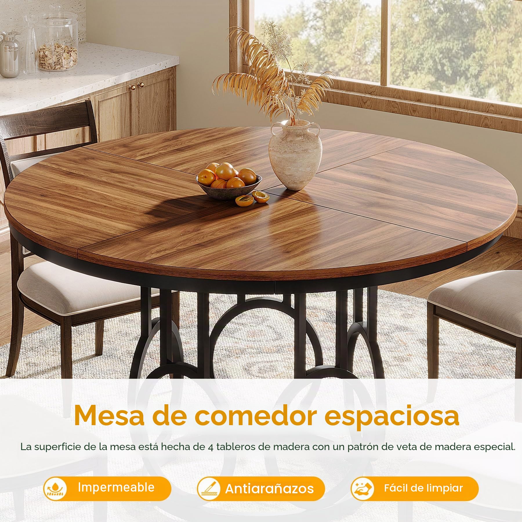 Tribesigns Mesa de comedor redonda para 4 personas, mesa de comedor rústica de 120 cm con base de metal, mesa de cocina redonda para cocina, salón, comedor (marrón)