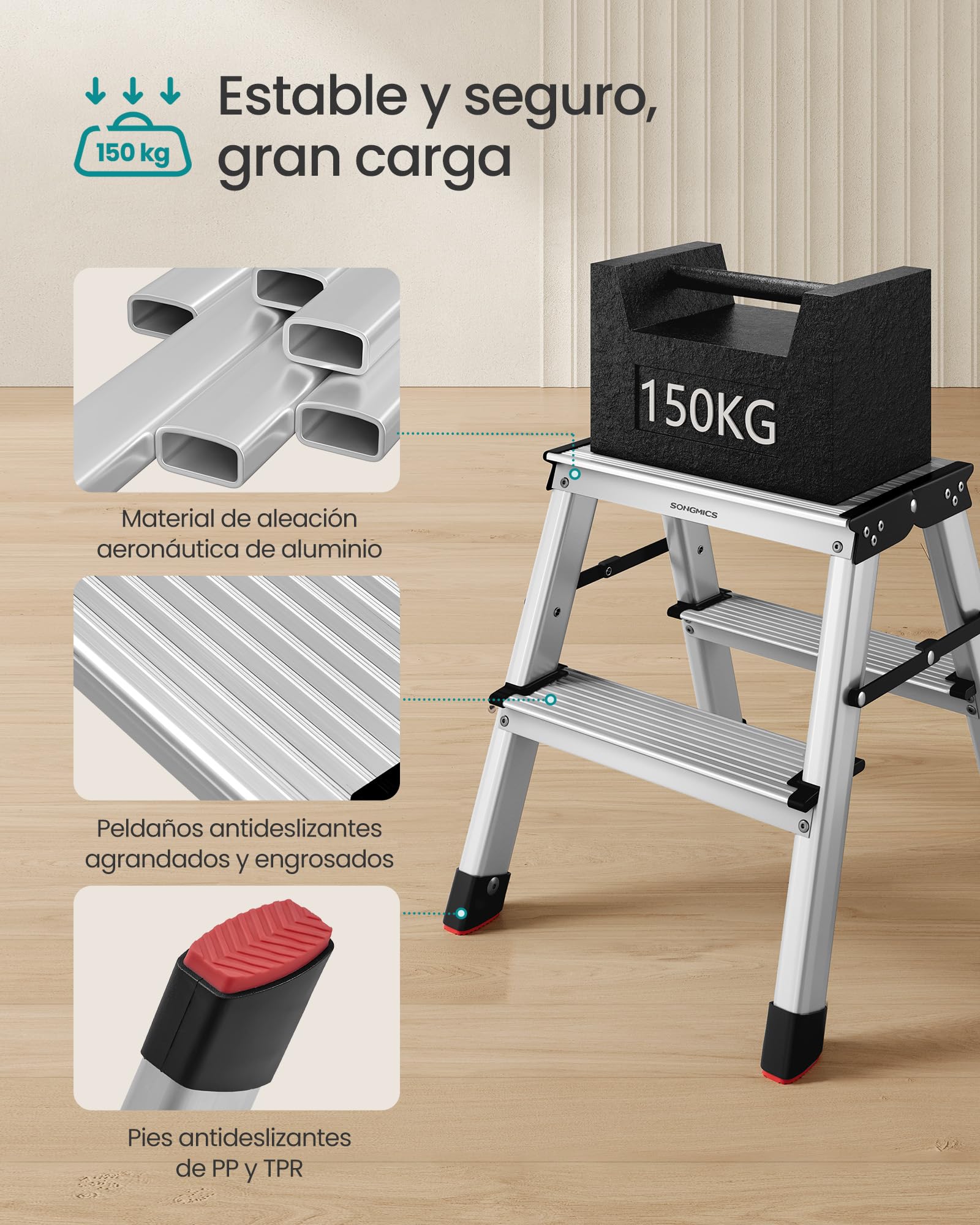 SONGMICS Escalera Plegable, Escalera de Mano, Escalera de Aluminio con 2 Peldaños Antideslizantes, Multifuncional, Carga de 150 kg, Gris Plata y Negro Tinta GLT012E01
