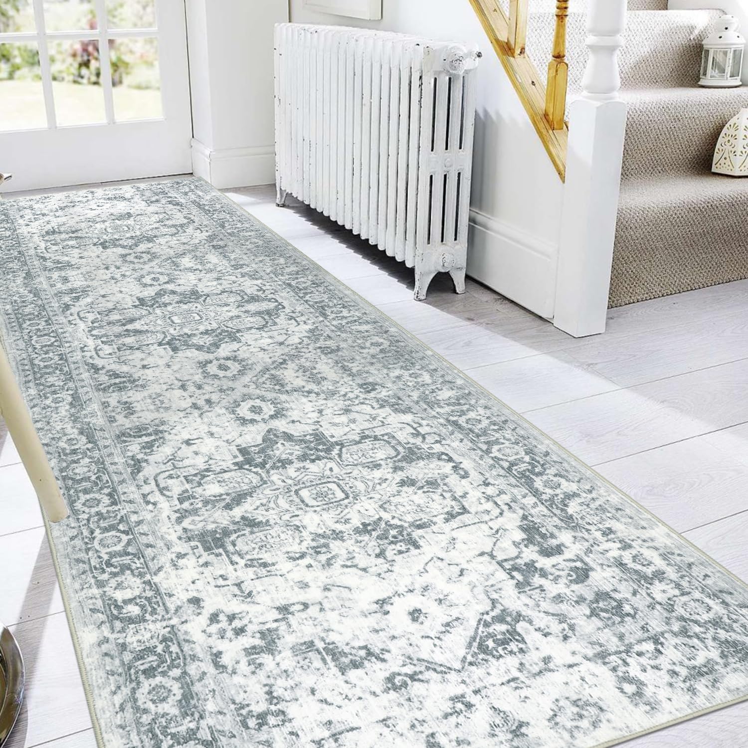 Famibay Hallway Runner Non Slip Runner Rugs for Hallway 80x300cm Extra Long Washable Grey Vintage Kitchen Hall Carpet Floor Rugs for Entryways Bedroom Laundry — image 1