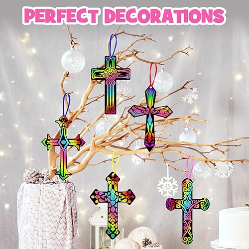 Miniatura 6 de ZMLM Regalos cristianos para niños: 60 piezas de adornos de cruz para rascar, arco iris, juego de papel para rascar para aula, recuerdo de fiesta