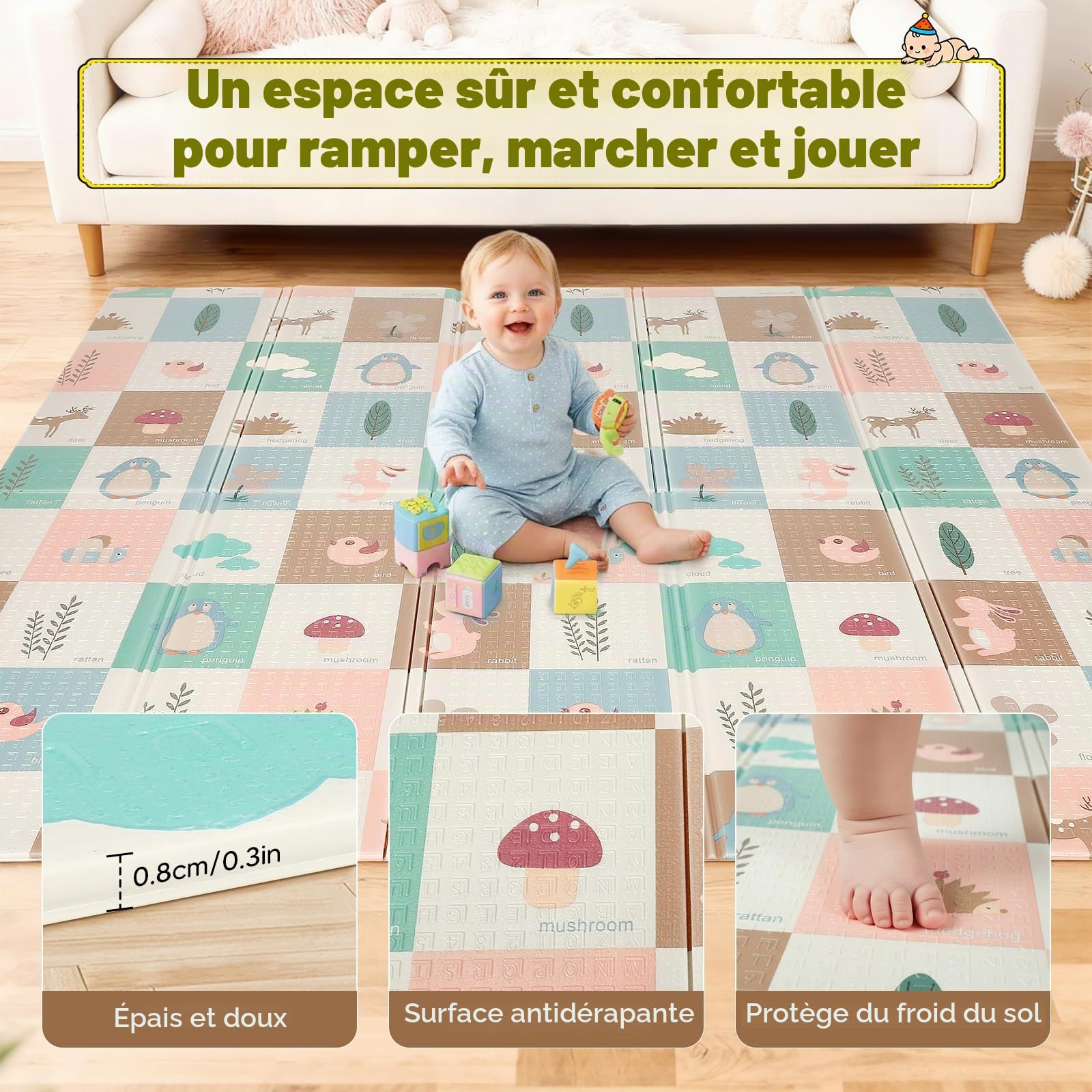 Tapis d'Éveil Bébé XXL 195 x 176 cm, Tapis de Motricité Pliable