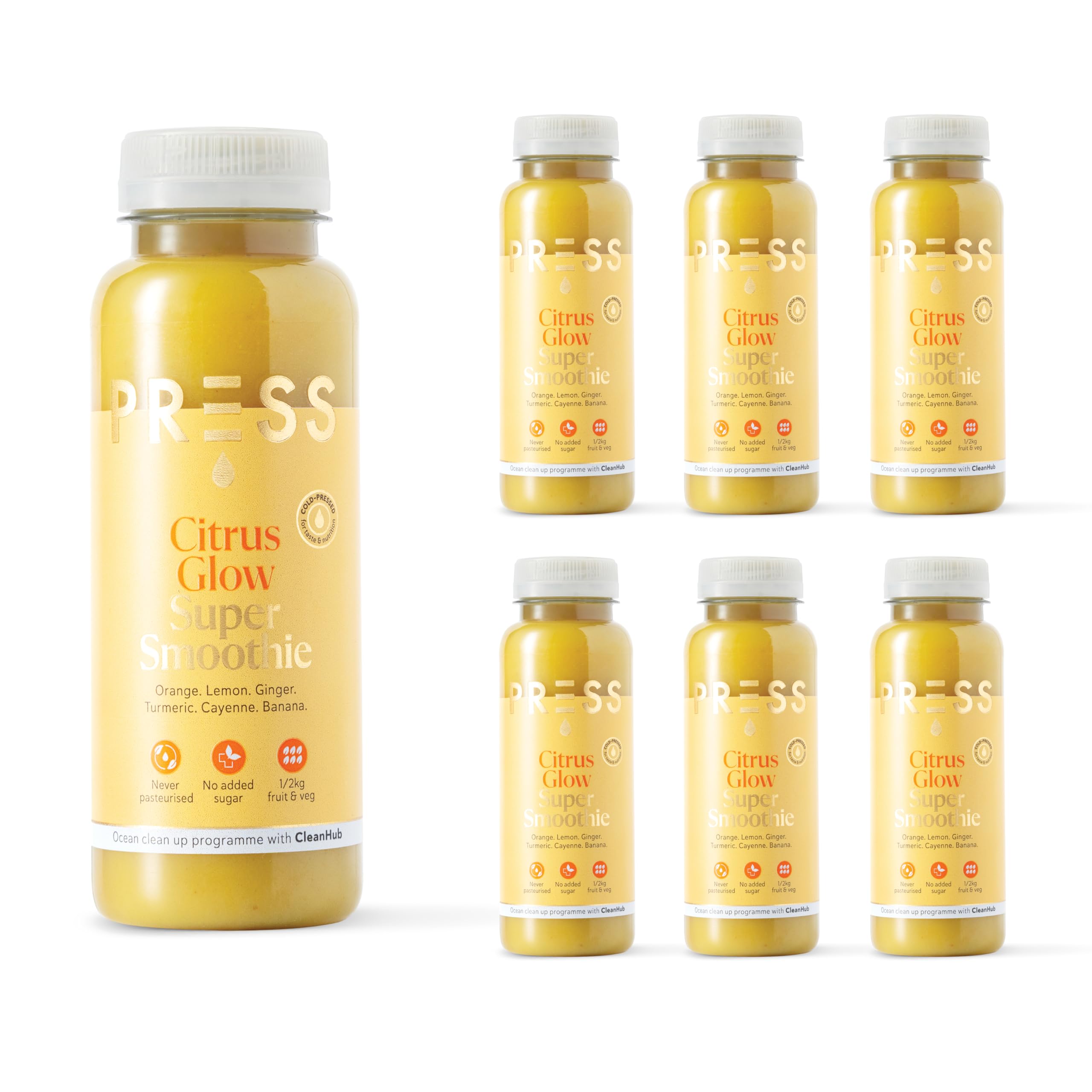 Press, Citrus Glow Super Smoothie, 250ml X 6, Cold Pressed Immune Boosting Smoothie Containing Turmeric and Cayenne, Vegan Friendly…