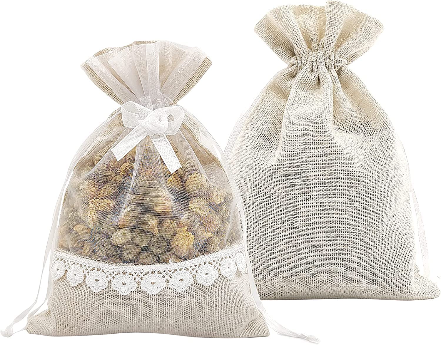 SumDirect Rose Drawstring Burlap Bags - 20pcs 5x7 Inch Lace Jute Organza Favor Gift Bags, Sheer Linen Favor Bags for Wedding