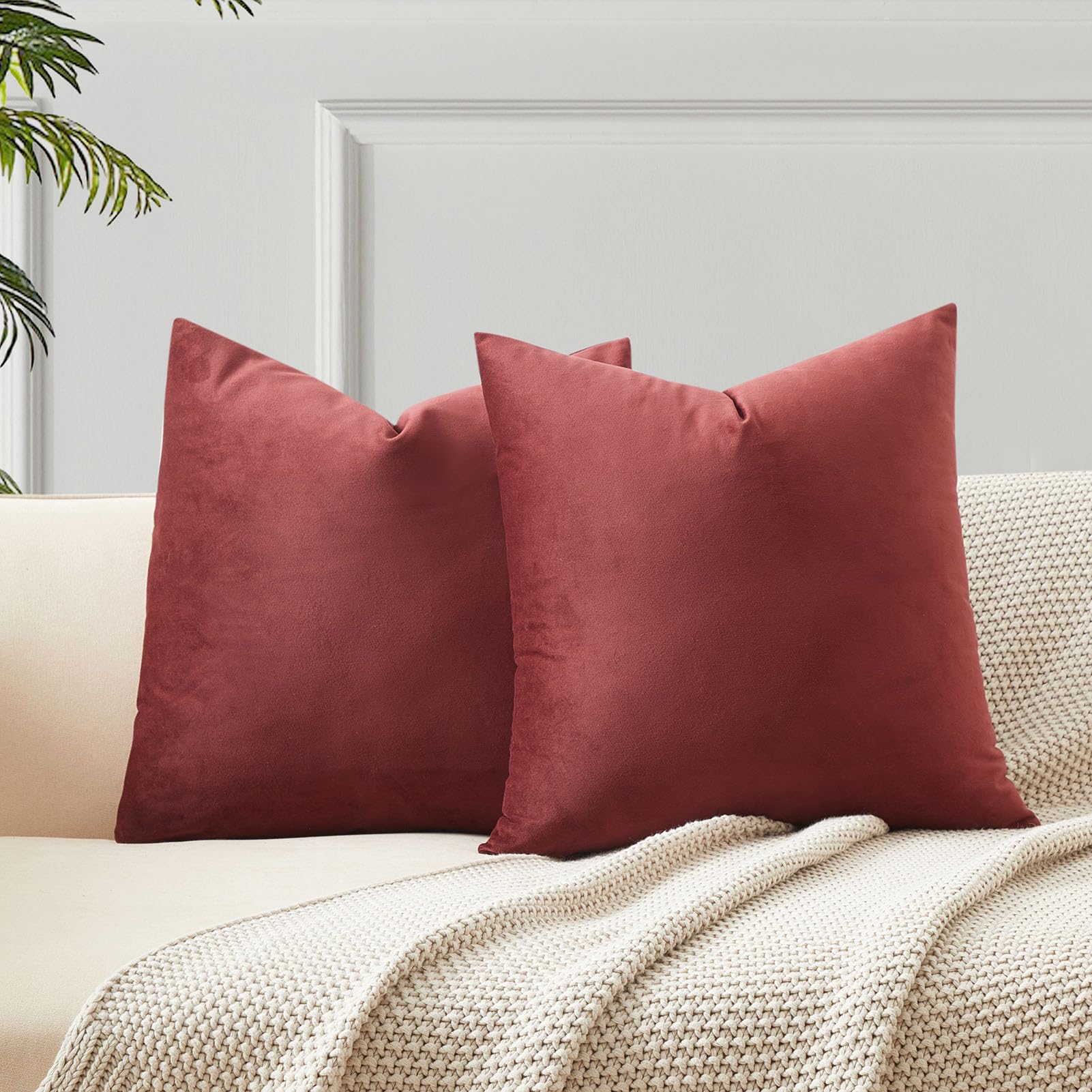 JUSPURBET Dark Red Velvet Throw Pillow Covers 22x22 inch Set of 2 for Living Room Couch Sofa Bedroom Decorative Solid Cushion Cases with Invisible Zipper — image 1