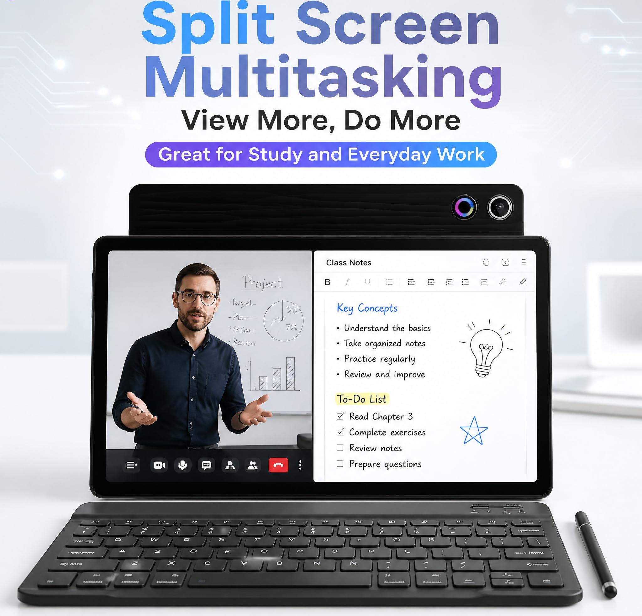Tablet Android 16 de 10.1 pulgadas con pantalla táctil IPS HD, cámara dual, almacenamiento de 64 GB de expansión de 1 TB, kit de tabletas 8 en 1 con teclado, funda protectora, mouse, lápiz óptico, BT