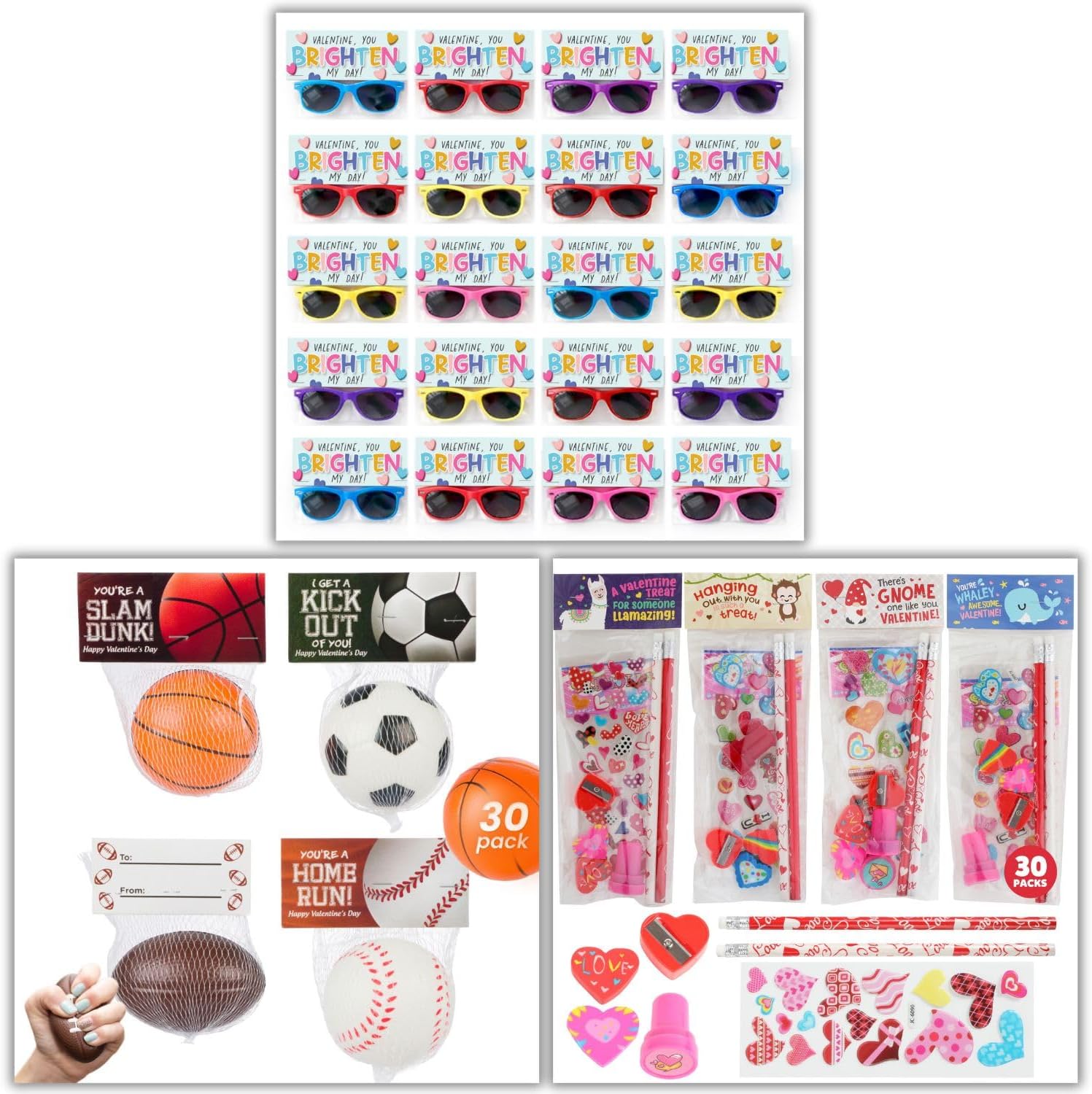 Ultimate Valentine Classroom Bundle – Sports Stress Balls, Sunglasses & Stationery – 90 Gifts