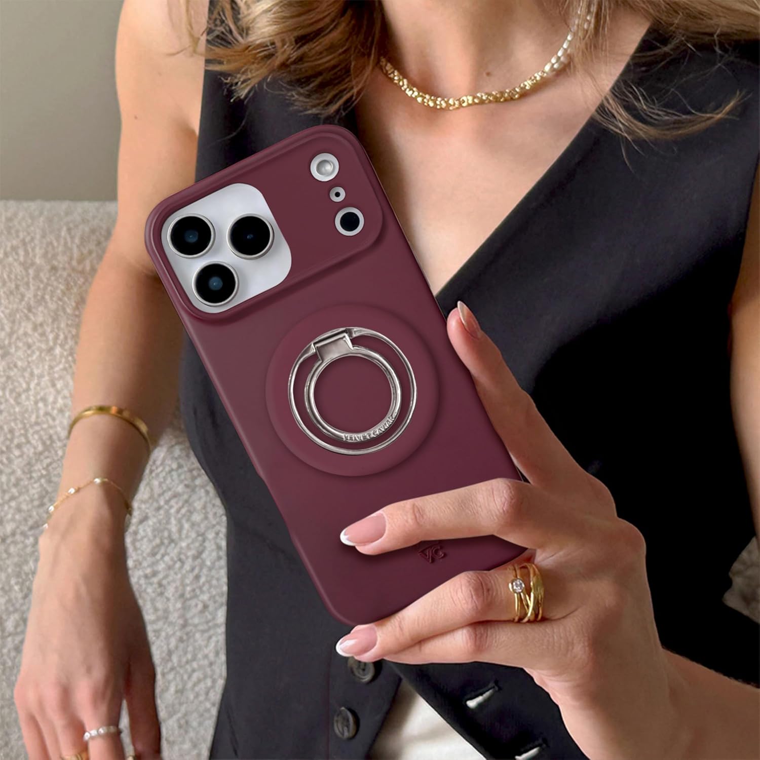 VELVET CAVIAR Compatible with MagSafe Phone Grip 2.0 | Cute Magnetic Ring Holder | Finger Loop Kickstand | Pop On Accessory for iPhone 17, 16, 15, 14, 13, 12 | Burgundy 1990