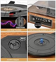 Vista 8 de Vangoa Tocadiscos de vinilo con altavoces externos, tocadiscos para discos de vinilo Bluetooth, reproductor LP de 3 velocidades accionado por