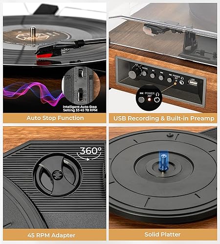 Miniatura 8 de Vangoa Tocadiscos de vinilo con altavoces externos, tocadiscos para discos de vinilo Bluetooth, reproductor LP de 3 velocidades accionado por
