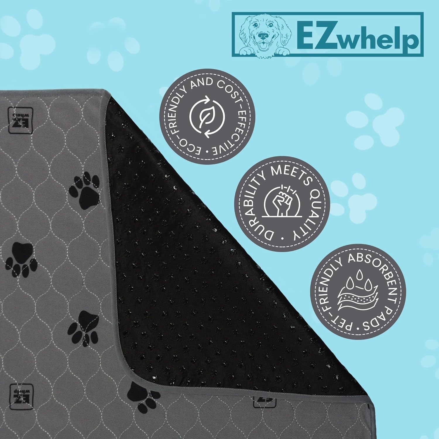 EZwhelp Reusable Quick Dry Pad - Waterproof Pet Pee Pads Washable for Large Dogs - Non-Slip Dog Training Pads, Fast Absorbent - Reusable Potty Pads for Cats and Dogs - 39" x 39" Pack of 2