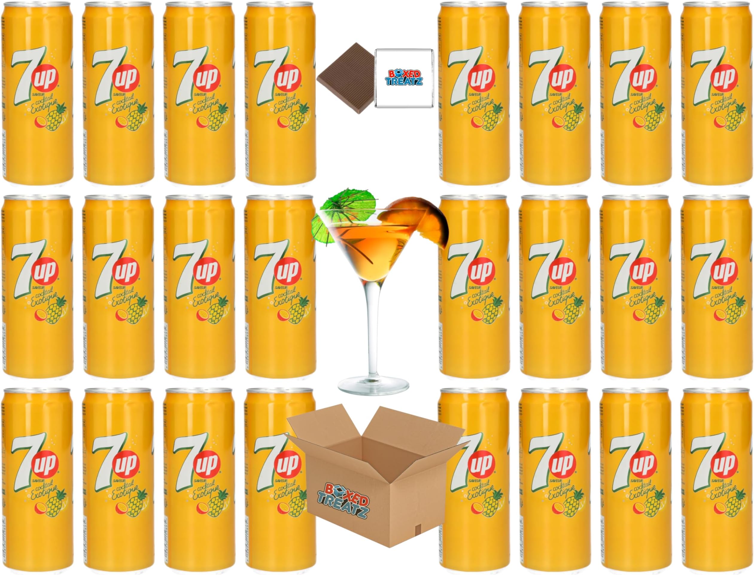 7UP Exotique Cocktail Drink Cans (24x330ml) Refreshing Summer Flavours - Alcohol Free, Use As Mixers Boxed Treatz