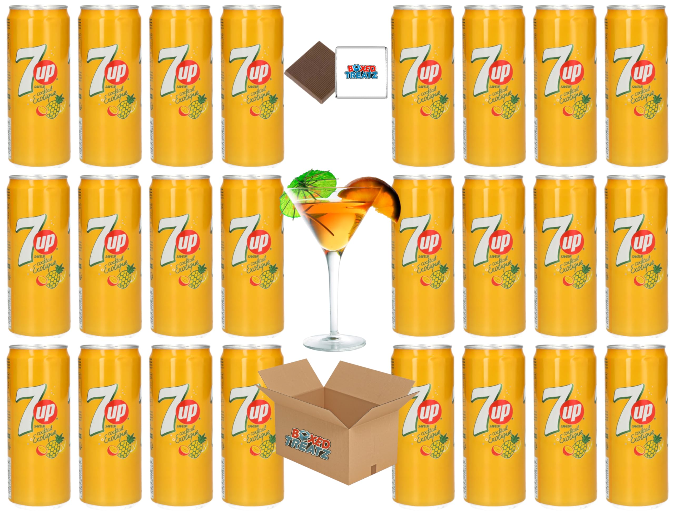 7UP Exotique Cocktail Drink Cans (24x330ml) Refreshing Summer Flavours - Alcohol Free, Use As Mixers Boxed Treatz