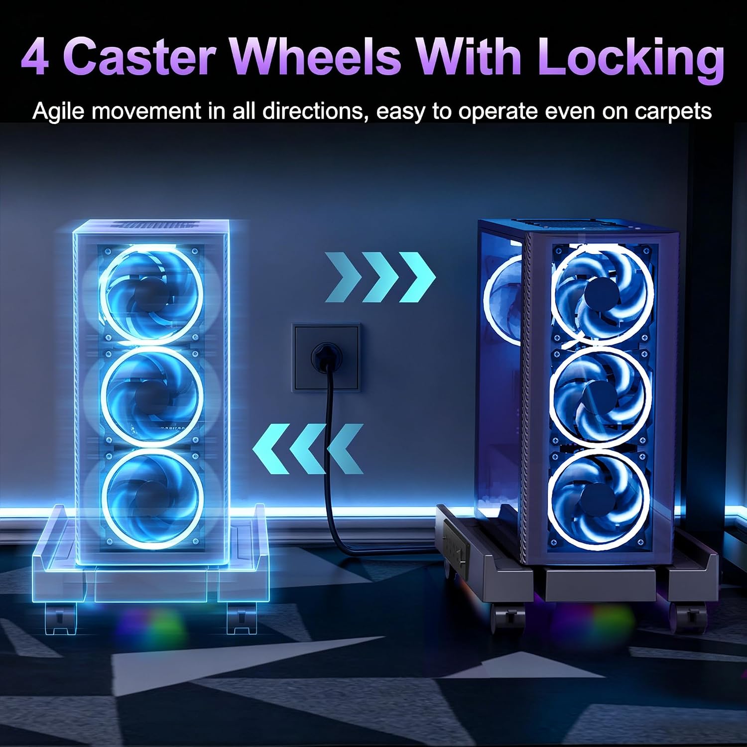 PC tower stand with 4 caster wheels, showing movement and locking