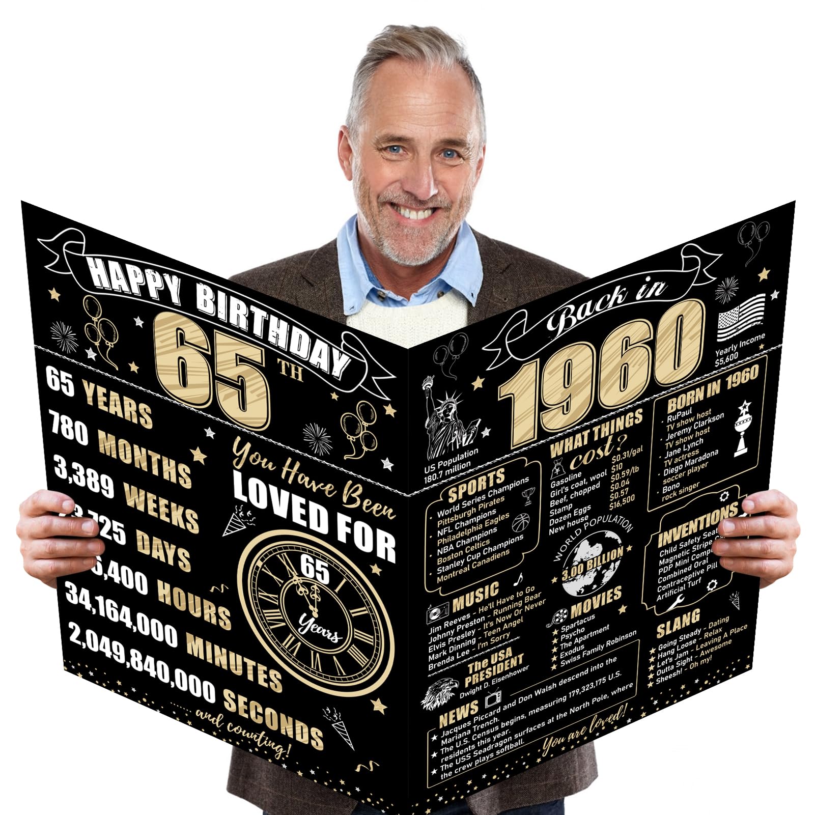 Large 65th Birthday Card With Envelope for Men Women, 1960 Black Gold Happy 65th Birthday Giant Guest Signature Book Gifts, Big Vintage 1960 Greeting Card Decoration Party Supplies